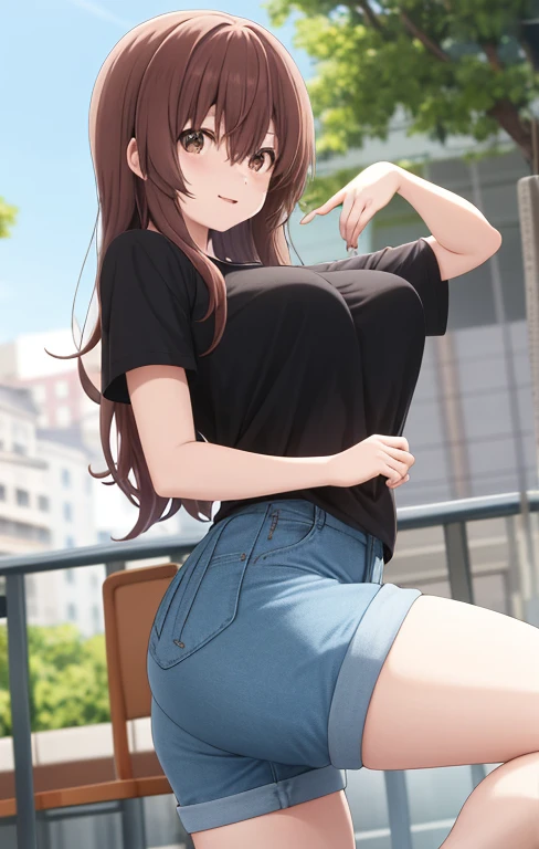 score_9, score_8_up, score_7_up, source_anime,
shoukonishimiya, shouko nishimiya, long hair, brown hair, brown eyes, a girl, looking forward, looking at the viewer, wearing a black t-shirt, short blue denim shorts, standing in a park, has a sexy body, big breasts, black t-shirt thin, big breasts, tight t-shirt, t-shirt reveals her body and breasts, jean shorts it's quite short, the shorts are very tight, the tight shorts squeeze the girl's thick legs, her legs look sexy and arousing, her hands are in the air, her arms are raised up In the second picture, she is making a circle sign with her hand, with a sexy expression on her face, with her tongue stretched out towards her hand with which she is making a circle sign, one leg is stepped forward, the other hand is caressing one of her breasts, she is wearing small pink shoes