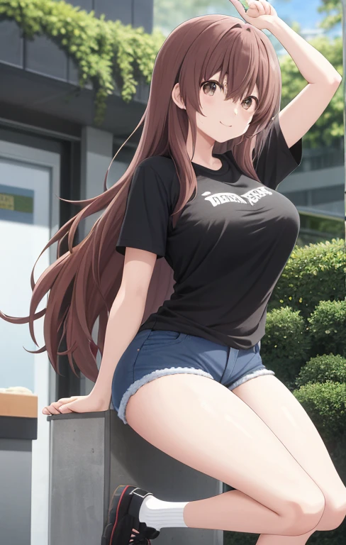 score_9, score_8_up, score_7_up, source_anime,
shoukonishimiya, shouko nishimiya, long hair, brown hair, brown eyes, a girl, looking forward, looking at the viewer, wearing a black t-shirt, short blue denim shorts, standing in a park, has a sexy body, big breasts, black t-shirt thin, big breasts, tight t-shirt, t-shirt reveals her body and breasts, jean shorts it's quite short, the shorts are very tight, the tight shorts squeeze the girl's thick legs, her legs look sexy and arousing, her hands are in the air, her arms are raised up In the second picture, she is making a circle sign with her hand, with a sexy expression on her face, with her tongue stretched out towards her hand with which she is making a circle sign, one leg is stepped forward, the other hand is caressing one of her breasts, she is wearing small pink shoes