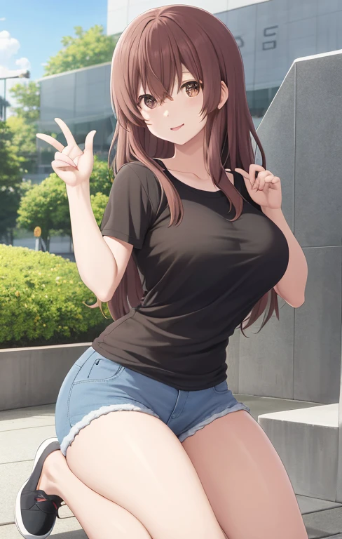 score_9, score_8_up, score_7_up, source_anime,
shoukonishimiya, shouko nishimiya, long hair, brown hair, brown eyes, a girl, looking forward, looking at the viewer, wearing a black t-shirt, short blue denim shorts, standing in a park, has a sexy body, big breasts, black t-shirt thin, big breasts, tight t-shirt, t-shirt reveals her body and breasts, jean shorts it's quite short, the shorts are very tight, the tight shorts squeeze the girl's thick legs, her legs look sexy and arousing, her hands are in the air, her arms are raised up In the second picture, she is making a circle sign with her hand, with a sexy expression on her face, with her tongue stretched out towards her hand with which she is making a circle sign, one leg is stepped forward, the other hand is caressing one of her breasts, she is wearing small pink shoes