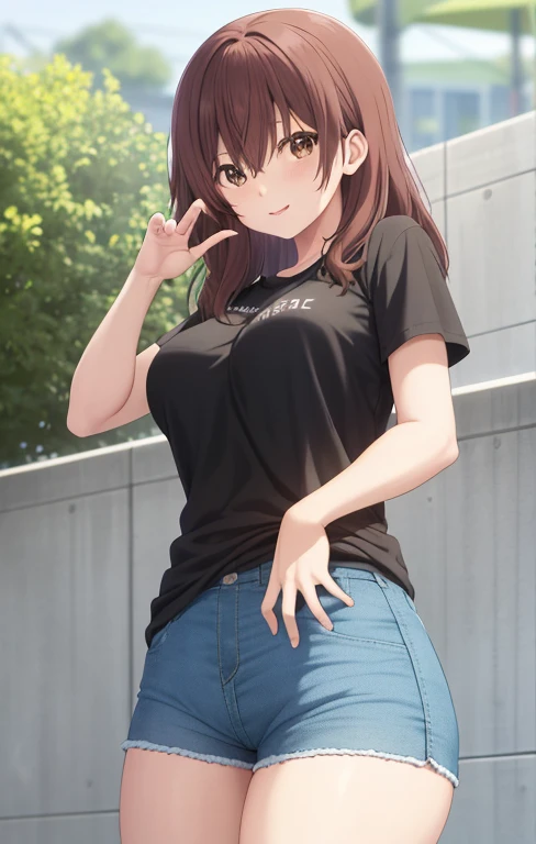 score_9, score_8_up, score_7_up, source_anime,
shoukonishimiya, shouko nishimiya, long hair, brown hair, brown eyes, a girl, looking forward, looking at the viewer, wearing a black t-shirt, short blue denim shorts, standing in a park, has a sexy body, big breasts, black t-shirt thin, big breasts, tight t-shirt, t-shirt reveals her body and breasts, jean shorts it's quite short, the shorts are very tight, the tight shorts squeeze the girl's thick legs, her legs look sexy and arousing, her hands are in the air, her arms are raised up In the second picture, she is making a circle sign with her hand, with a sexy expression on her face, with her tongue stretched out towards her hand with which she is making a circle sign, one leg is stepped forward, the other hand is caressing one of her breasts, she is wearing small pink shoes