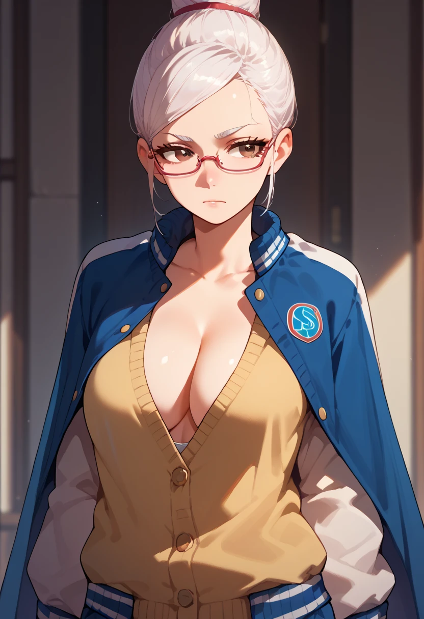 ayaseseikoMArlo,brown eyes,1 girl,solo,cleavage,jacket,white hair,open clothes,glasses,cape,sweater,letterman jacket, breasts