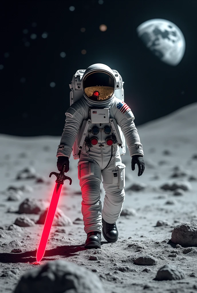 a human walking on the moon wearing a space suit and a red sword