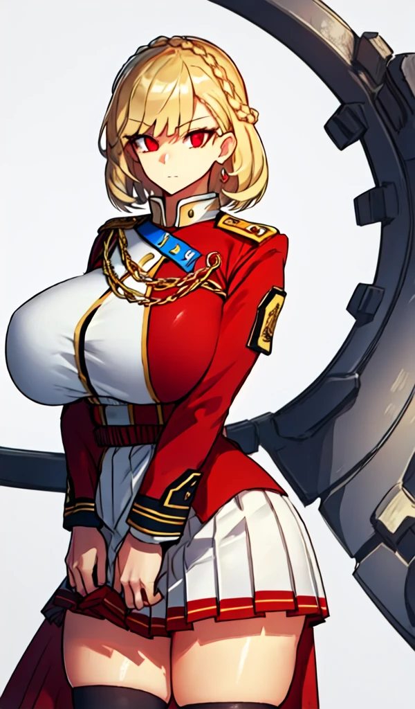 (Matte texture), (cowboy shot:1.1), 1 woman, (blonde hair), (short bob), (red eyes), (long eyelashes:1.1), (sharp eyes), (detailed eyes:1.1), (sensual body),  (gigantic breasts:1.3), (thick thigh:1.3), (wide hip), (military uniform, pleated skirt), (simple white background),  masterpiece, high quality, high detail