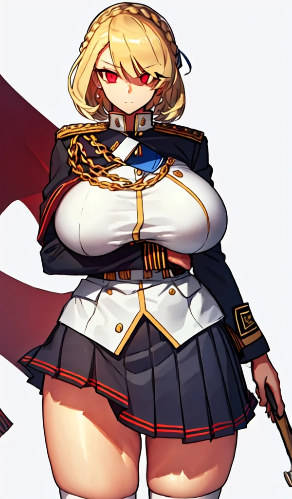 (Matte texture), (cowboy shot:1.1), 1 woman, (blonde hair), (short bob), (red eyes), (long eyelashes:1.1), (sharp eyes), (detailed eyes:1.1), (sensual body),  (gigantic breasts:1.3), (thick thigh:1.3), (wide hip), (military uniform, pleated skirt), (simple white background),  masterpiece, high quality, high detail