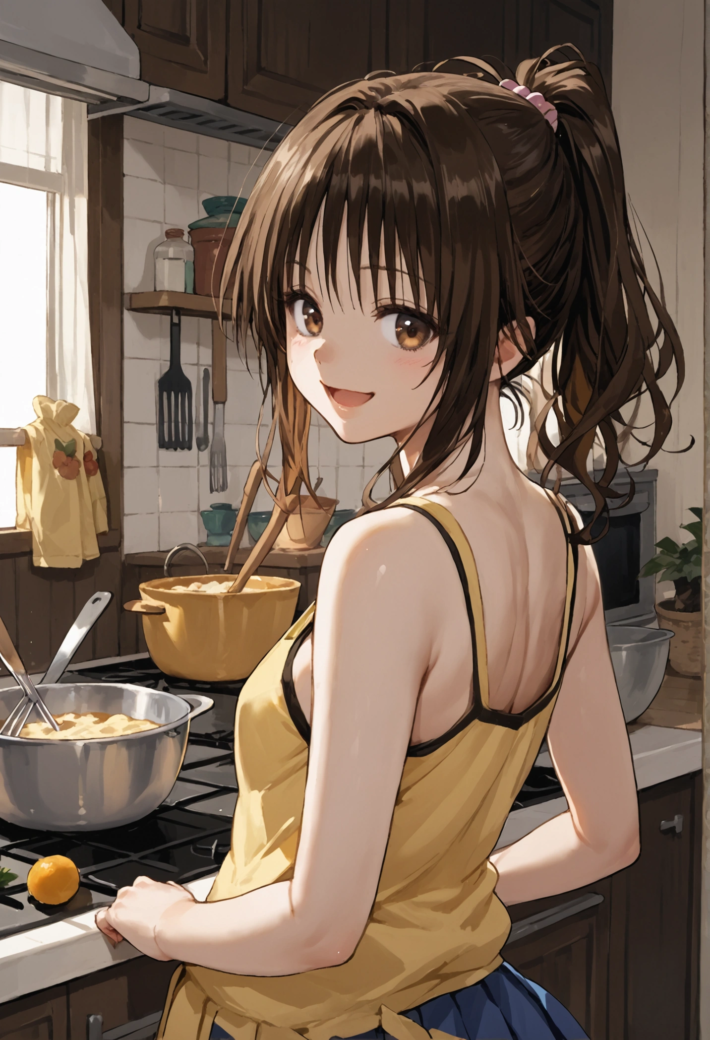 score_9, score_8_up, score_7_up, source_anime, 1girl, yuuki mikan, ponytail,brown hair, brown eyes, yellow tank top, pleated skirt, blue skirt,kitchen, looking back, cooking, smile, open mouth, upper body,