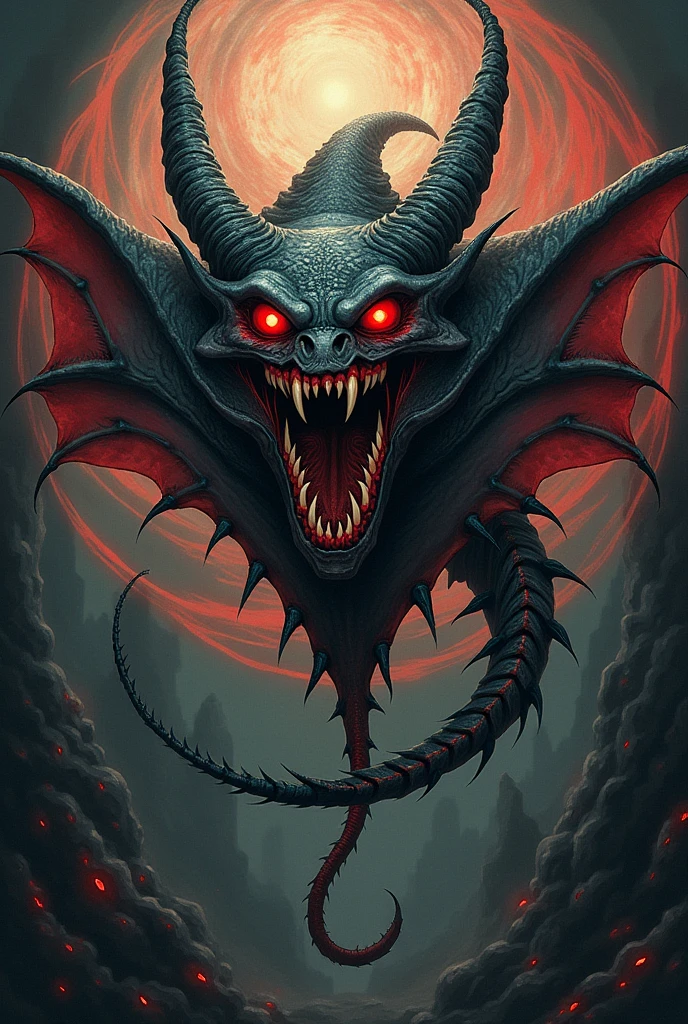 Tyrannos with red orange and dark-red color palette with background in nightmare fuel art style