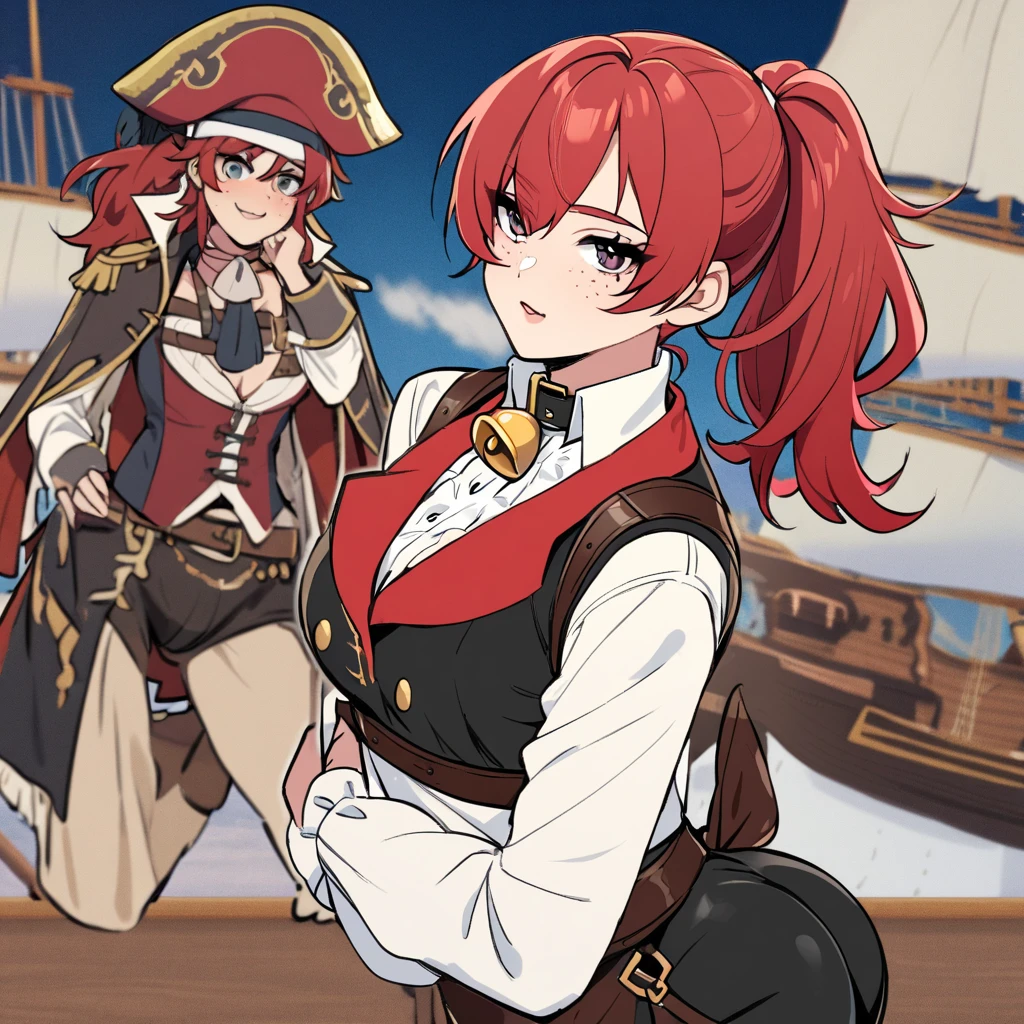 (beautiful femboy), femboy, feminine boy, feminine male, small bulge, fake chest, large chest, pirate, red hair, freckles, ponytail, collar with bell, ship background, shoulder straps,