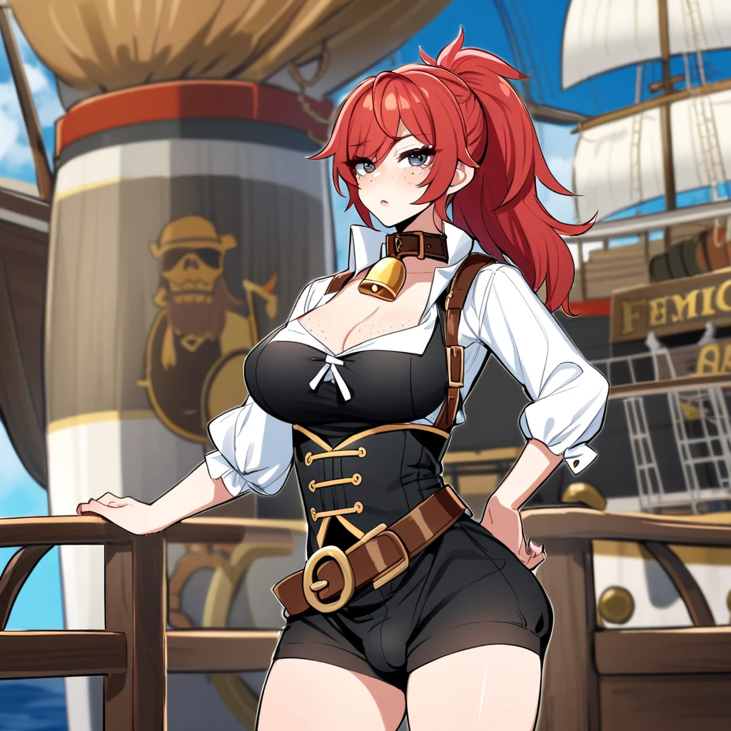 (beautiful femboy), femboy, feminine boy, feminine male, small bulge, fake chest, large chest, pirate, red hair, freckles, ponytail, collar with bell, ship background, shoulder straps,