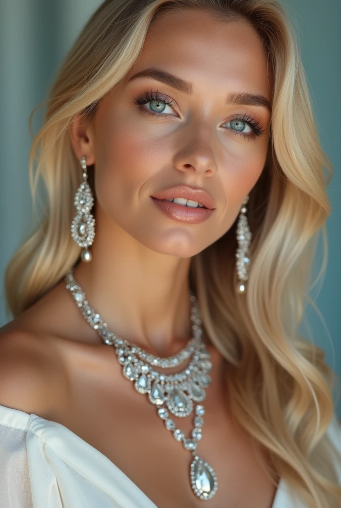 (8k,Ultra haute résolution,la plus haute qualité,Réaliste,Ultra haute résolution,Photos couleur RAW de haute qualité Réaliste,doigts détaillés),texture naturelle de la taille,Hyperréalisme,détails complexes,Femmes de 25 ans ,Faits saillants des yeux bleu clair,lèvres brillantes,(Sourire mignon,Cheveux long ,Cheveux blond bouclé),(Gros seins, poitrine gigantesque),des boucles d’oreilles,collier. Femme d’origine franco-italienne. Le spectateur dois voir le sujet du nombril jusqua la tete 