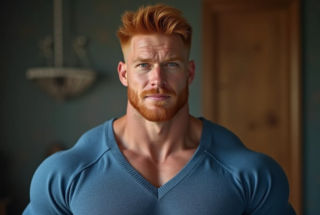 (perfect man:1.5), ginger, slight beard, hairy, vascular, realistic, posing, muscle god, flirting, soft smile, (extremely muscular:1.8), high definition body