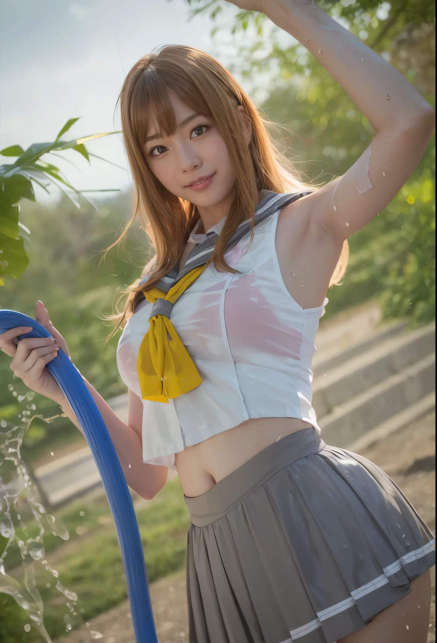 {{{{{{{{{{cosplay photo,photorealistic,real life,realistic skin,big nose}}}}}}}}}},{{{{{{{shade,asian,mono-lid,tall female}}}}}}},{{{{{kunia hanamaru,1girl}}}}},guweiz,nixeu,hoo bamon,realistic,shadow,dead or alive,3d,nsfw,{{{{{{head out of frame,tareme,yellow eyes,narrow waist,portrait,dutch angle,pleated skirt}}}}}},wind lift,splashing,armpits,grey sailor collar, yellow neckerchief,hose,holding hose,sleeveless,uranohoshi school uniform,grey skirt,midriff peek,hair between eyes,sidelocks,looking at viewer,head tilt,sunlight,one eye closed,brown hair,light particles,pink lips,blush,miniskirt,wide hips,open mouth,light smile,wet,[[[long hair,large breasts,bare shoulders,pink bra]]],{{