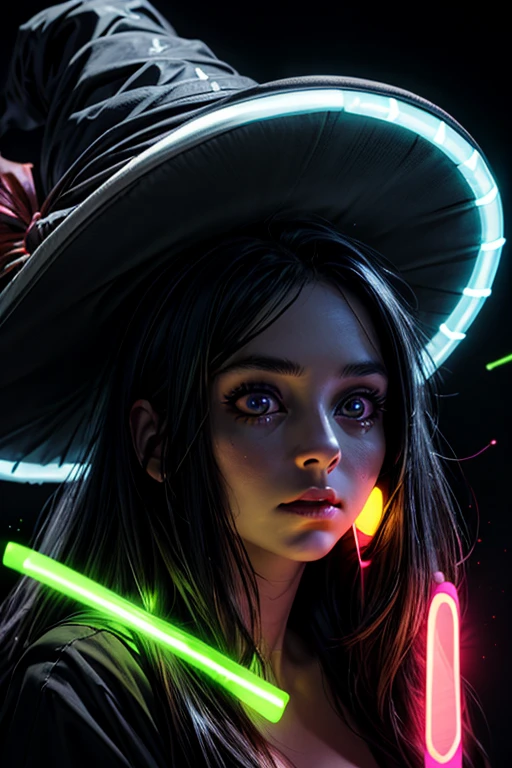 Witch woman 30 years old, white skin, (huge hat), black hair, (Photo realistic), half naked, big eyes, glowing eyes, (((Glow stick))), flying on a broom, detailed face