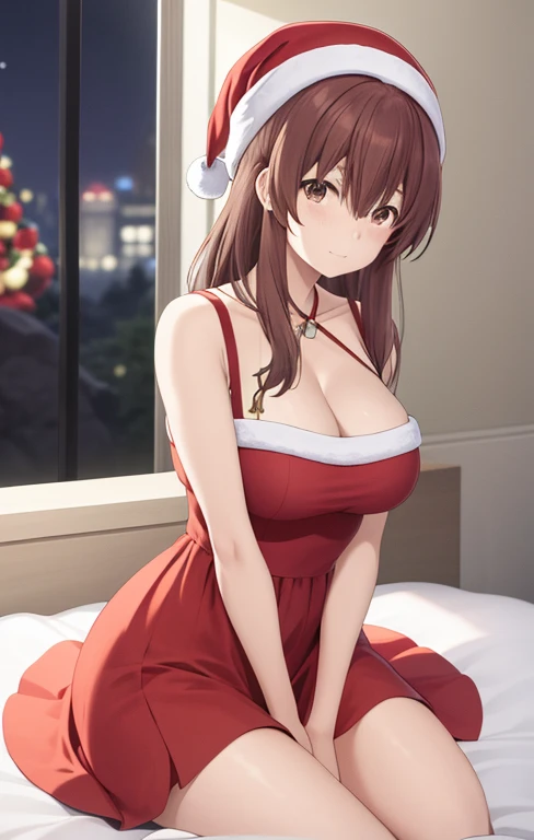 score_9, score_8_up, score_7_up, source_anime,
shoukonishimiya, shouko nishimiya, long hair, brown hair, brown eyes, sitting cross-legged on a bed next to the night light, her legs reflect her sexiness. She is wearing a mini skirt, a red New Year's dress that hides a certain part of her breasts. She is wearing short New Year's gloves on her hands with open shoulders. She has a Christmas hat on her head. Her legs are thick. and her long breasts, her big New Year's dress is a little small for her, her facial expression is embarrassed, she is looking forward with a flushed face, her head is slightly bowed, her hair is behind her shoulders, it does not hide her big breasts.
