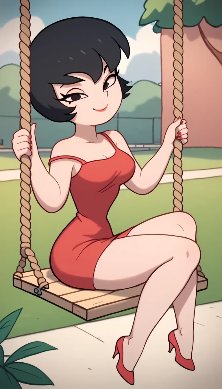 Jucika, digital media, black eyes, black hair, short hair, flat color, flat graphic style, white skin, zPDXL, best quality, amazing quality, score 9, 1girl, looking at viewers, bare shoulders, red dress, taut dress, spaghetti strap red dress, sleeveless, medium breast, being outside and holding on a rope swing, sitting on the swing, outside, backyard background ,seductive smile, red high heels, full body,