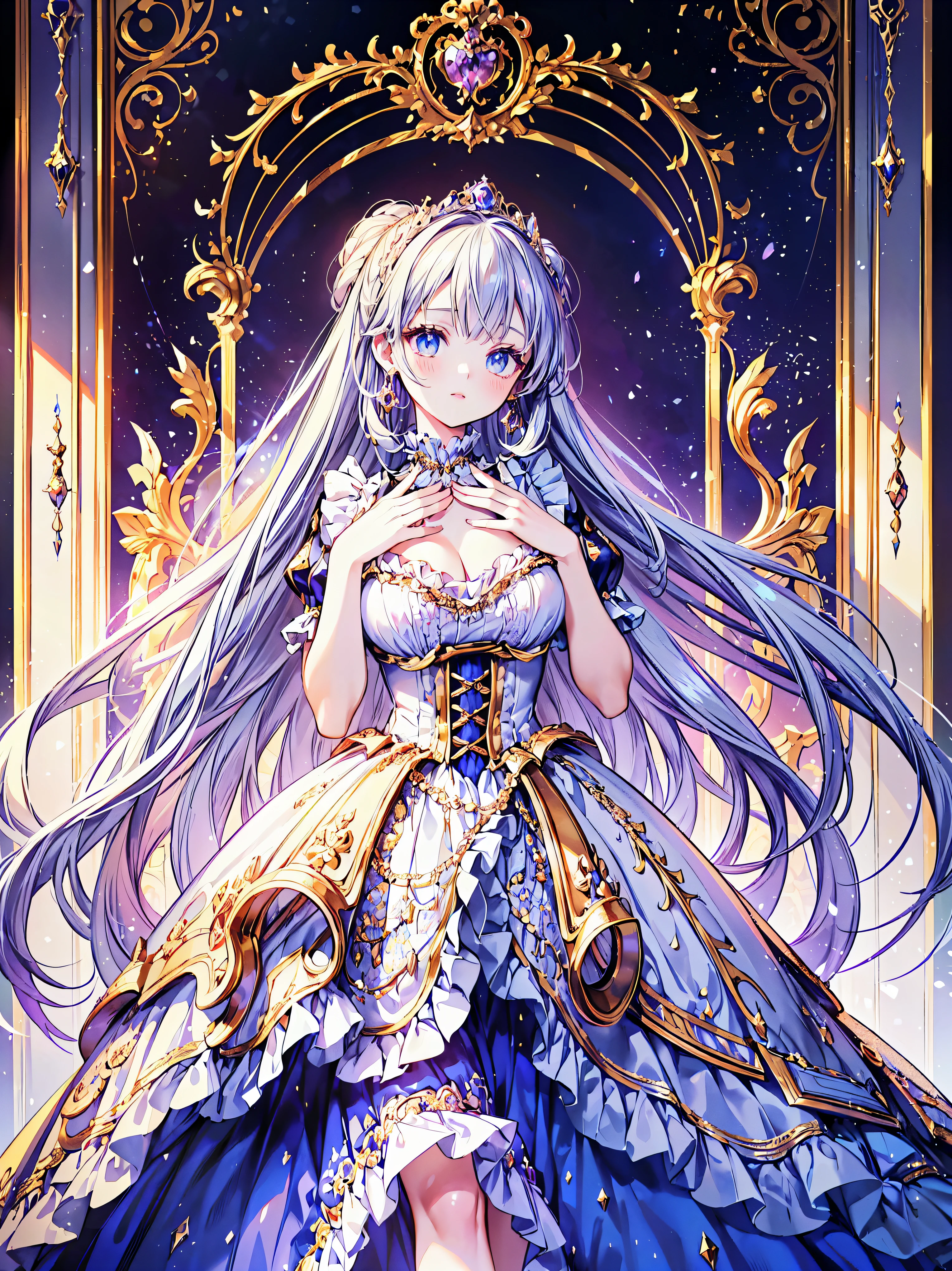 (ultra detailed), (highest quality), (high resolution), 1 girl, (((1 princess in gorgeous princess rococo victorian gown with voluminous hoop skirt))), beautiful embroidery and jeweled extremely rococo royal princess gown, gorgeous embroidery and beautiful lace, see through lace, gigantic breasts, super detailed skin, (((solo young face princess))), luxurious ruffle gown, 
BREAK 
fluffy shiny hair, ((super voluminous long hair)), curly hair, (((asymmetry bangs))), pretty jeweled tiara, crystal earrings, beautiful eyes, faint lips, delicate and beautiful face, finely detailed face and eyes, long veil, (((anatomically accurate hands))), skindentation, 
BREAK 
standing in palace, front view, looking at viewer, full body portrait, (depth of field), caustics, cinematic lighting, (moe anime art style:1.3), (beautiful background), ((gorgeous princess rococo victorian gown with voluminous hoop skirt)), 