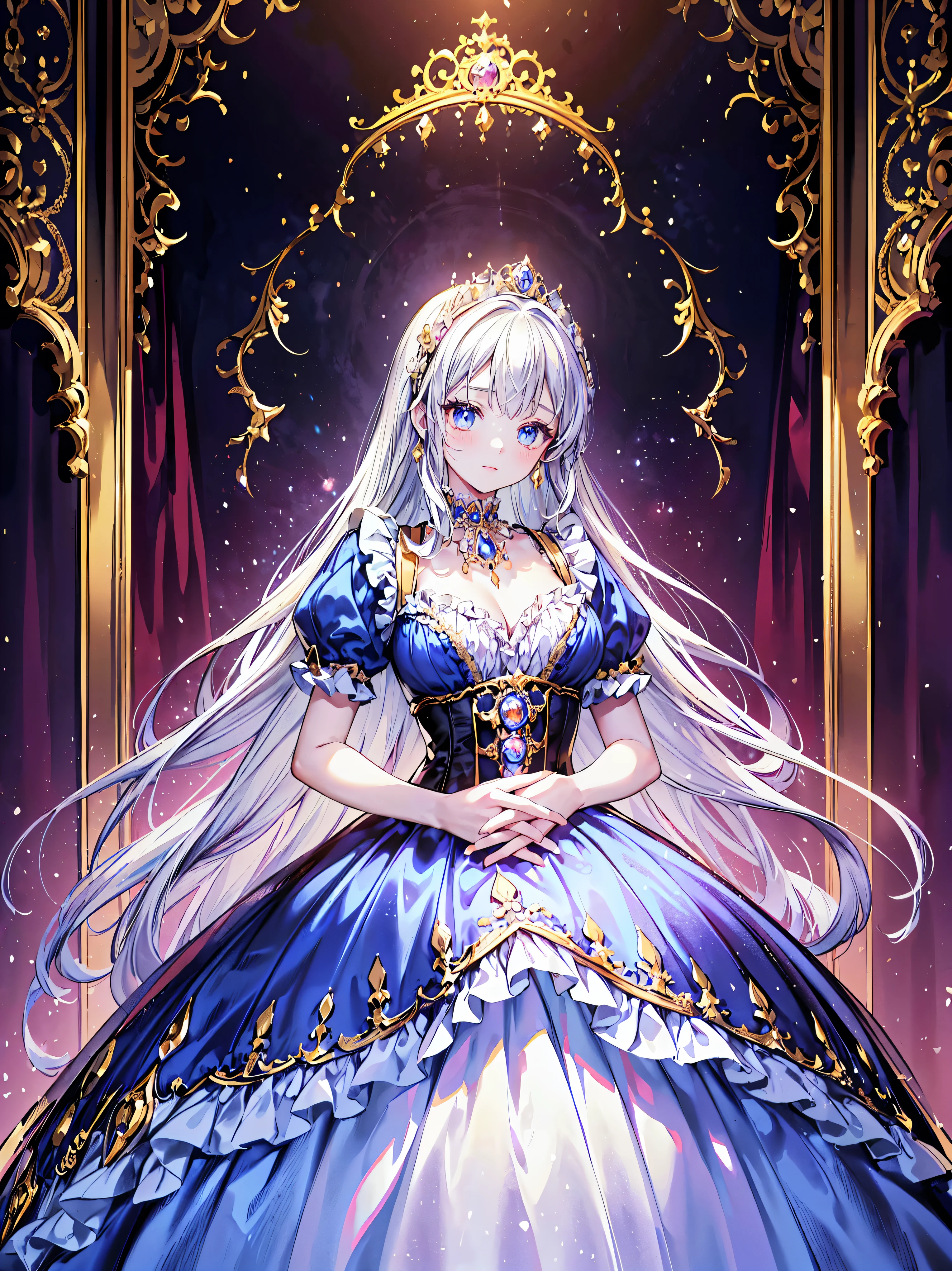 (ultra detailed), (highest quality), (high resolution), 1 girl, (((1 princess in gorgeous princess rococo victorian gown with voluminous hoop skirt))), beautiful embroidery and jeweled extremely rococo royal princess gown, gorgeous embroidery and beautiful lace, see through lace, gigantic breasts, super detailed skin, (((solo young face princess))), luxurious ruffle gown, 
BREAK 
fluffy shiny hair, ((super voluminous long hair)), curly hair, (((asymmetry bangs))), pretty jeweled tiara, crystal earrings, beautiful eyes, faint lips, delicate and beautiful face, finely detailed face and eyes, long veil, (((anatomically accurate hands))), skindentation, 
BREAK 
standing in palace, front view, looking at viewer, full body portrait, (depth of field), caustics, cinematic lighting, (moe anime art style:1.3), (beautiful background), ((gorgeous princess rococo victorian gown with voluminous hoop skirt)), 