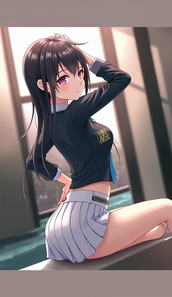 (short cute girl,small young student,young delicate girl),(masterpiece,Top quality),cheerleader,long black hair
