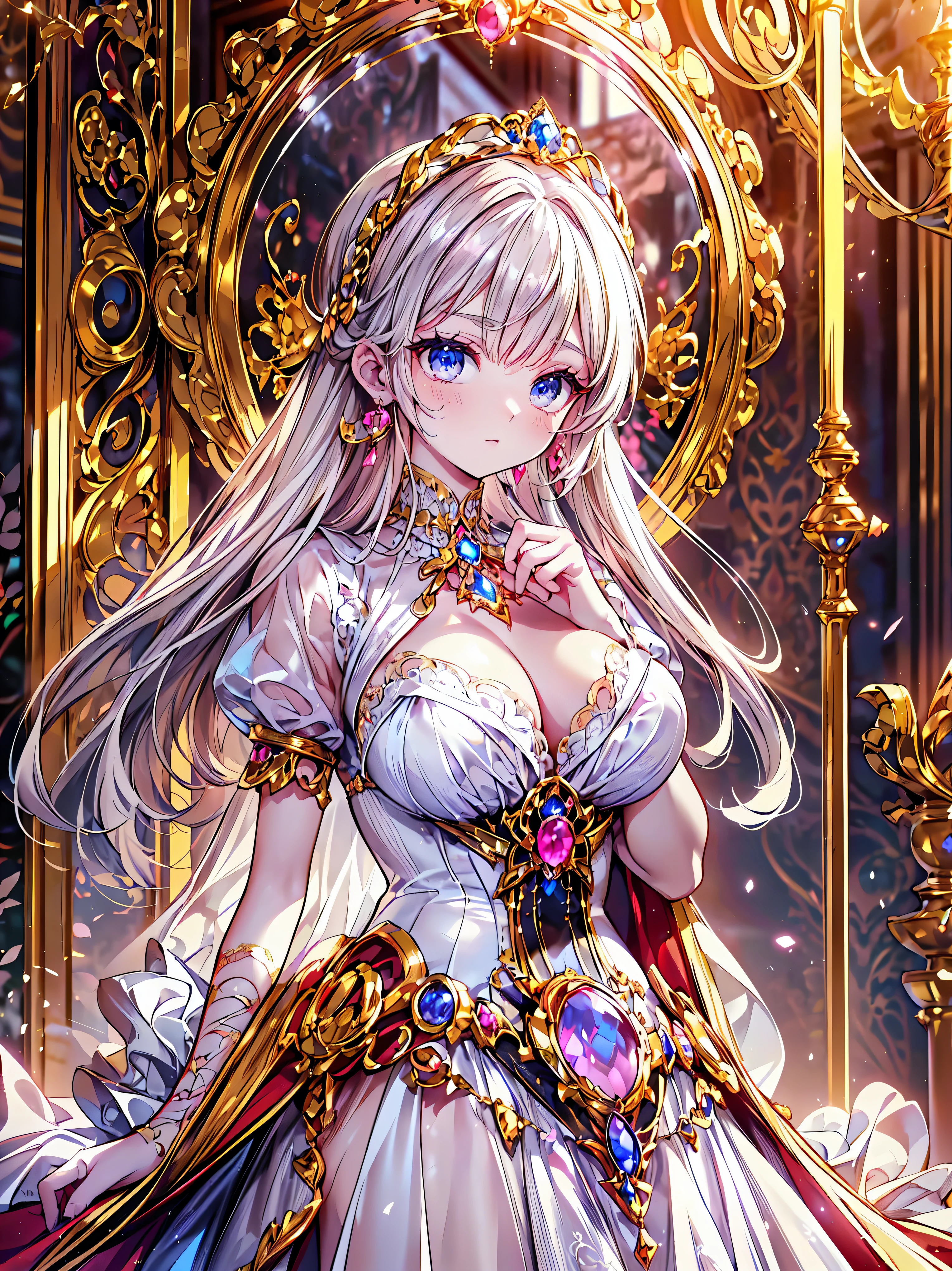 (ultra detailed), (highest quality), (high resolution), 1 girl, (((1 princess in gorgeous princess rococo victorian gown with voluminous hoop skirt))), beautiful embroidery and jeweled extremely rococo royal princess gown, gorgeous embroidery and beautiful lace, see through lace, gigantic breasts, super detailed skin, (((solo young face princess))), luxurious ruffle gown, 
BREAK 
fluffy shiny hair, ((super voluminous long hair)), curly hair, (((asymmetry bangs))), pretty jeweled tiara, crystal earrings, beautiful eyes, faint lips, delicate and beautiful face, finely detailed face and eyes, long veil, (((anatomically accurate hands))), skindentation, 
BREAK 
standing in palace, front view, looking at viewer, full body portrait, (depth of field), caustics, cinematic lighting, (moe anime art style:1.3), (beautiful background), ((gorgeous princess rococo victorian gown with voluminous hoop skirt)), 