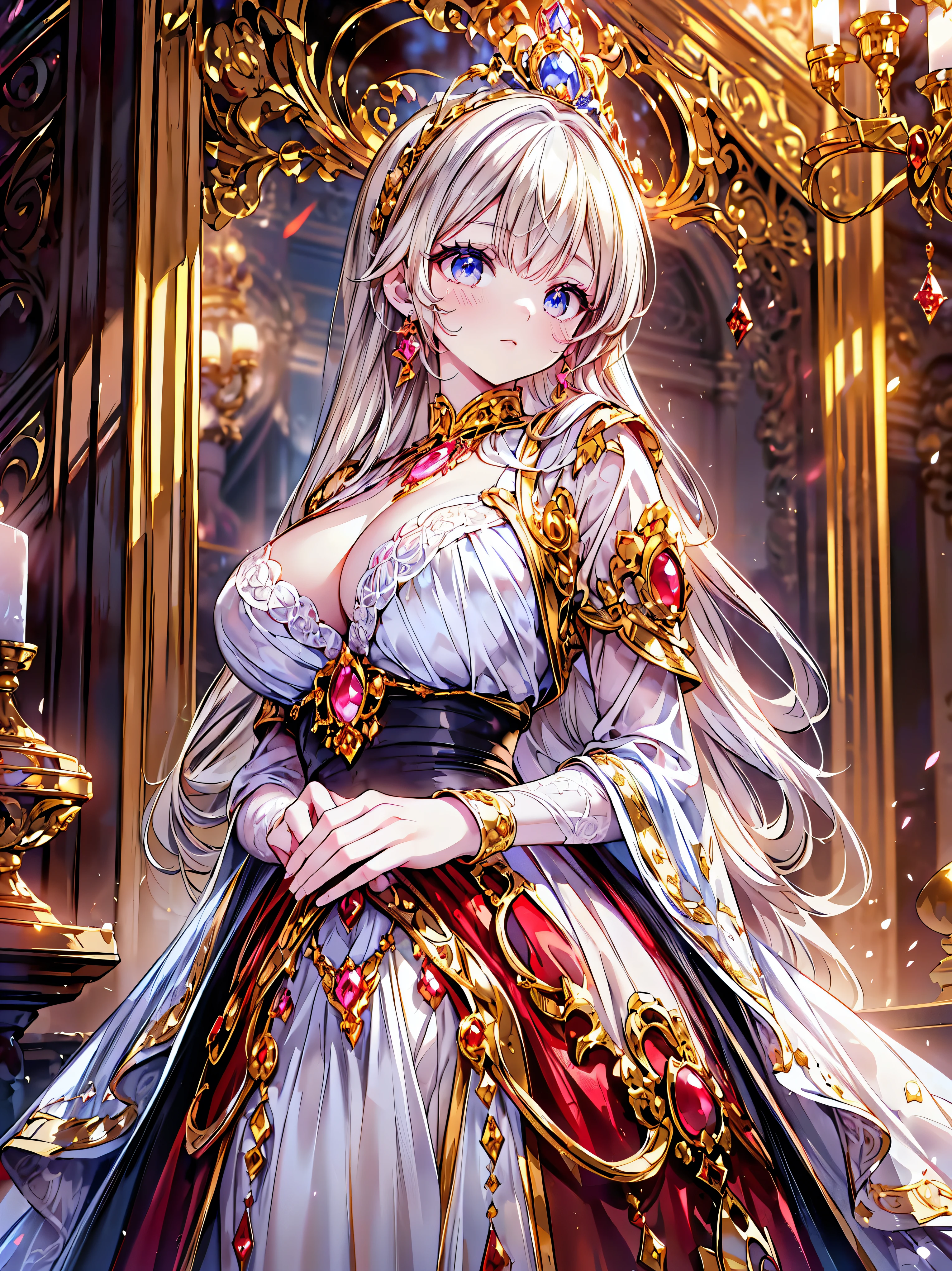 (ultra detailed), (highest quality), (high resolution), 1 girl, (((1 princess in gorgeous princess rococo victorian gown with voluminous hoop skirt))), beautiful embroidery and jeweled extremely rococo royal princess gown, gorgeous embroidery and beautiful lace, see through lace, gigantic breasts, super detailed skin, (((solo young face princess))), luxurious ruffle gown, 
BREAK 
fluffy shiny hair, ((super voluminous long hair)), curly hair, (((asymmetry bangs))), pretty jeweled tiara, crystal earrings, beautiful eyes, faint lips, delicate and beautiful face, finely detailed face and eyes, long veil, (((anatomically accurate hands))), skindentation, 
BREAK 
standing in palace, front view, looking at viewer, full body portrait, (depth of field), caustics, cinematic lighting, (moe anime art style:1.3), (beautiful background), ((gorgeous princess rococo victorian gown with voluminous hoop skirt)), 