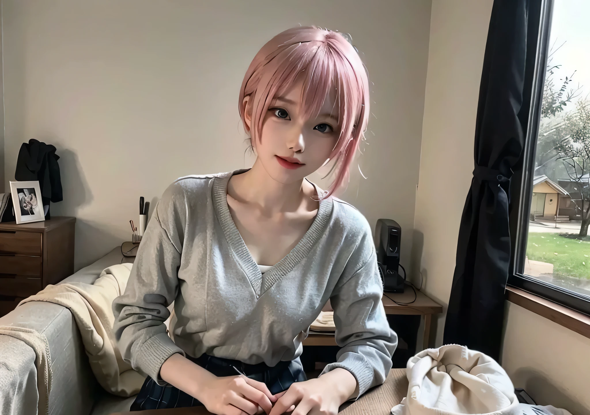 Create a realistic and natural-looking image of Ichika Nakano from The Quintessential Quintuplets inside a cozy home. Ichika is wearing a simple yet elegant outfit,