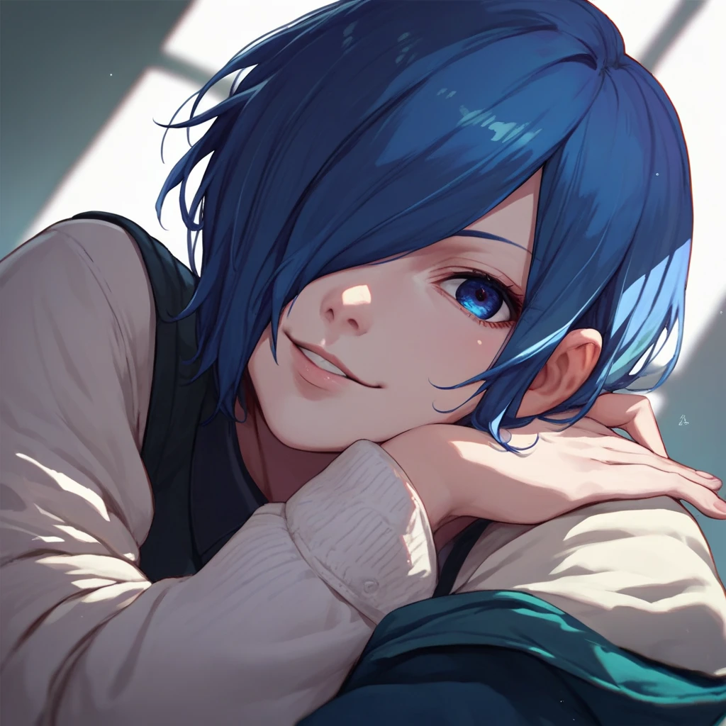 source_anime, solo, 1girl, kirishima touka, seductive smile, looking at viewer, blue hair, hair over one eye, blue eyes