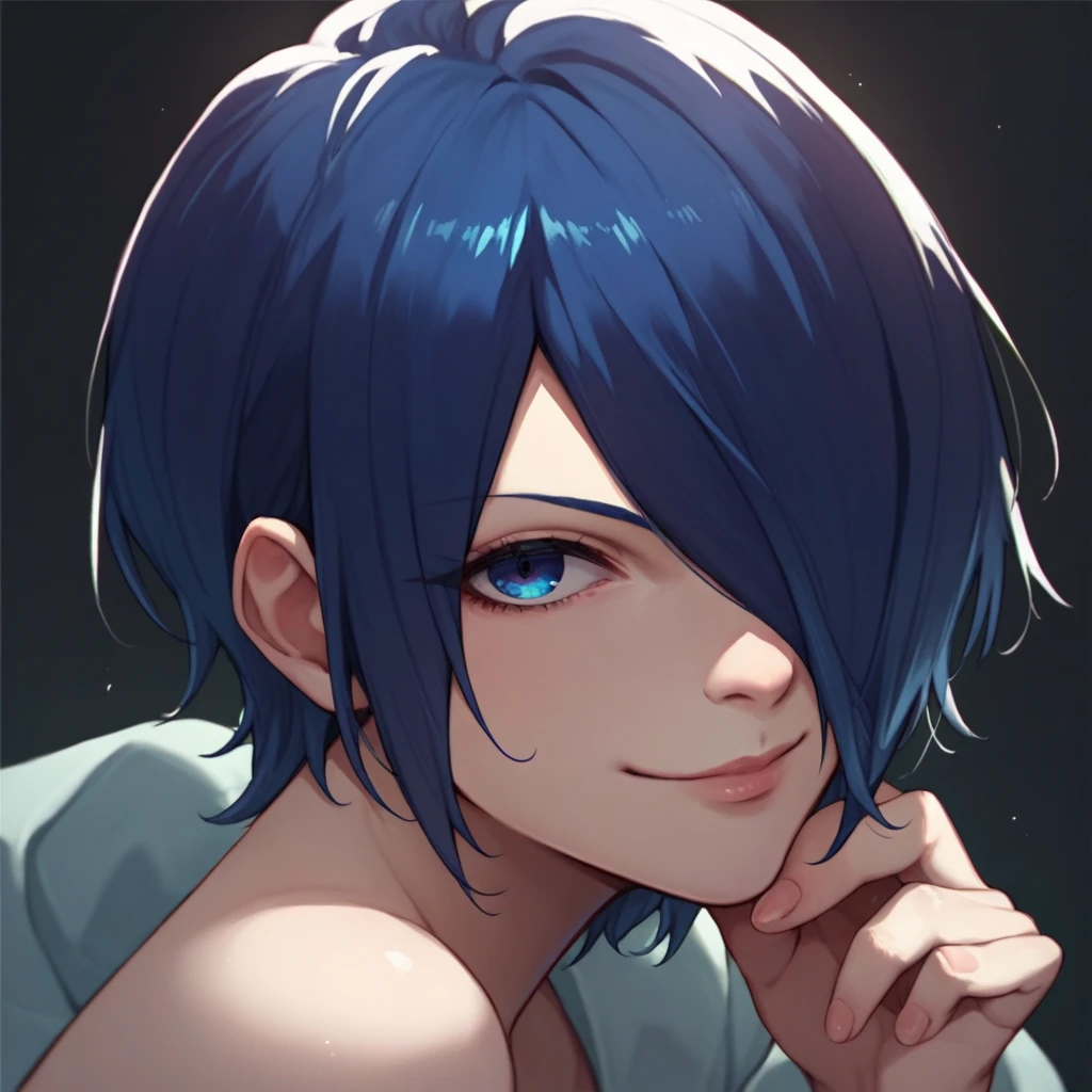 source_anime, solo, 1girl, kirishima touka, seductive smile, looking at viewer, blue hair, hair over one eye, blue eyes