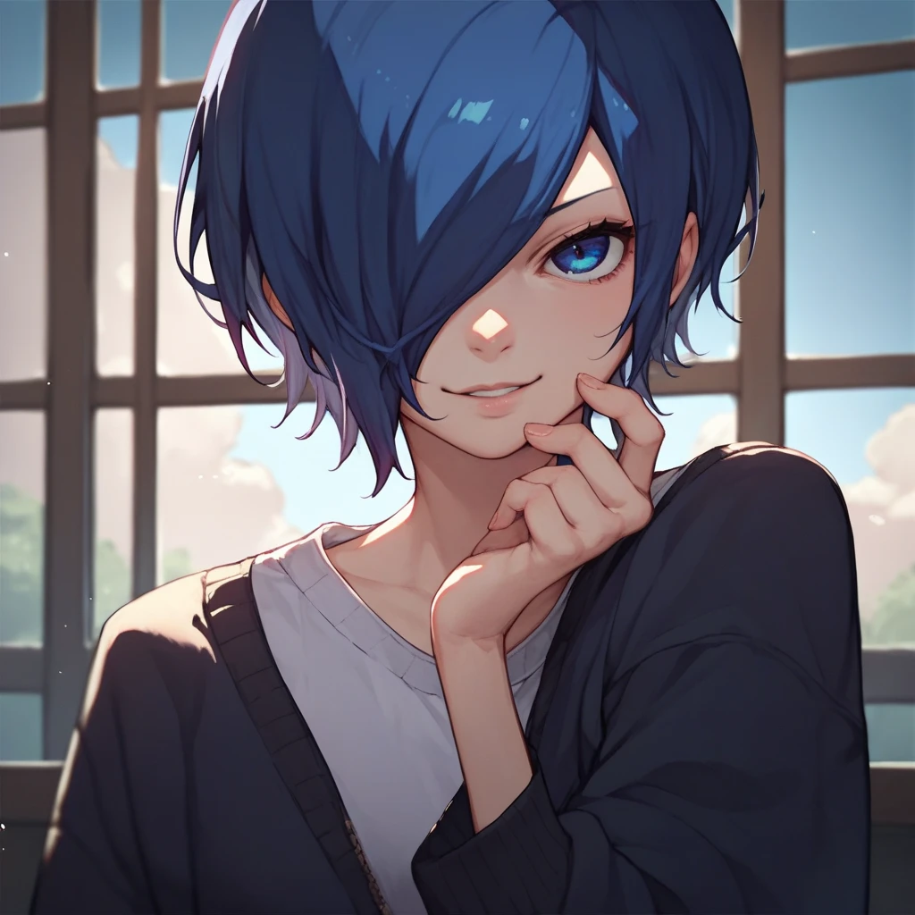 source_anime, solo, 1girl, kirishima touka, seductive smile, looking at viewer, blue hair, hair over one eye, blue eyes