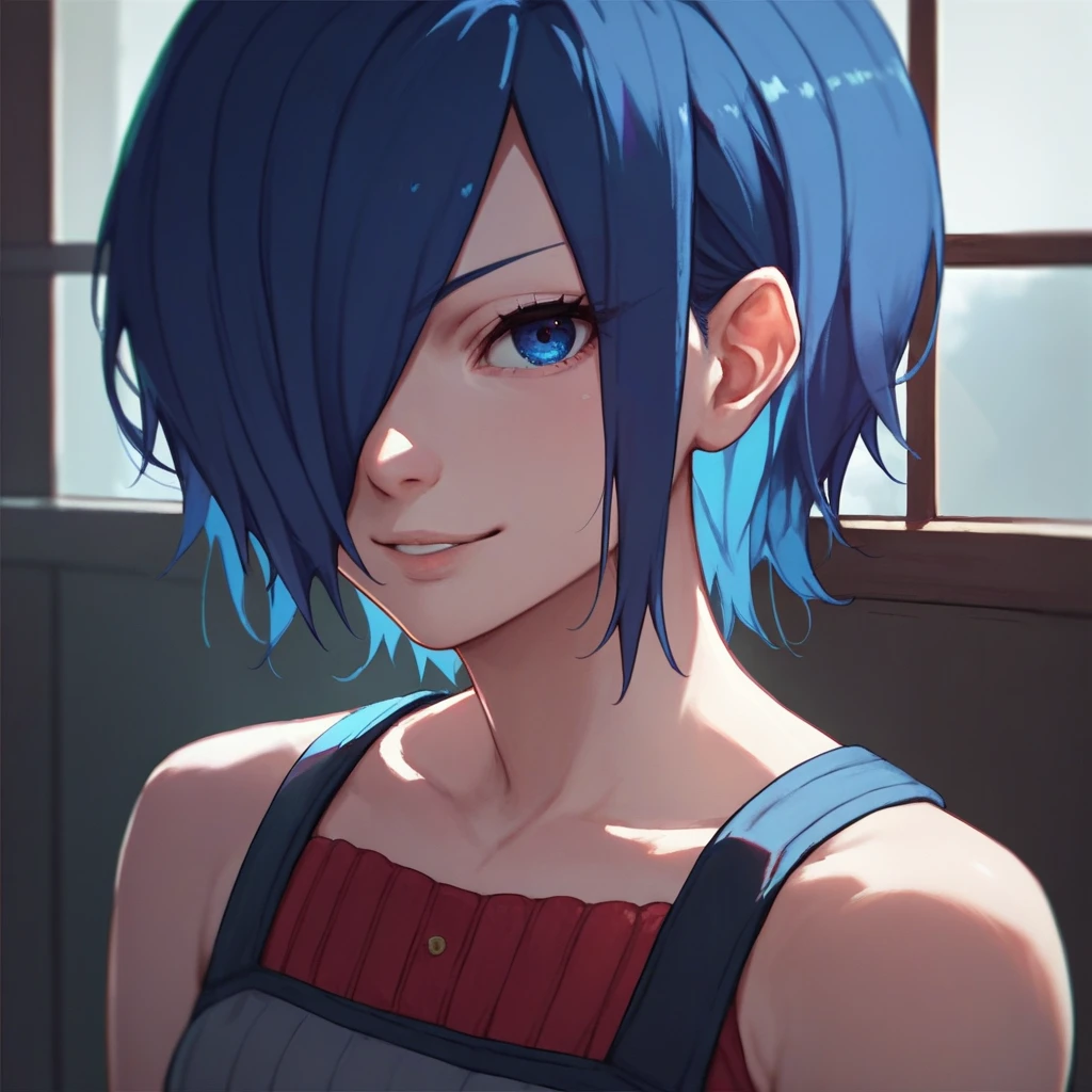 source_anime, solo, 1girl, kirishima touka, seductive smile, looking at viewer, blue hair, hair over one eye, blue eyes