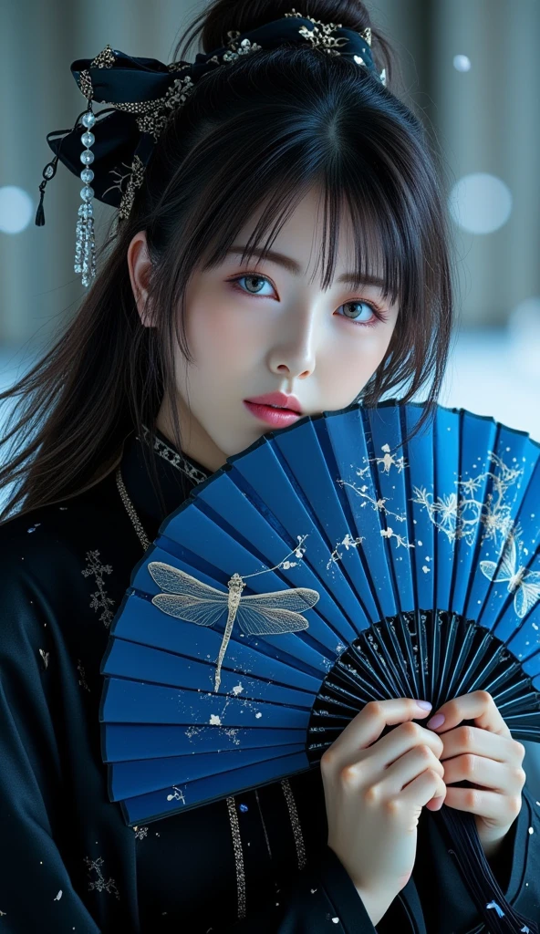 Elegant and mysterious East-Asian woman, holding a dark blue fan with intricate dragonfly patterns, wearing a black outfit with delicate details, adorned with a dark ribbon and intricate hair accessories with dangling beads, deep blue eyes gazing softly, long wavy black hair, dramatic and ethereal lighting, soft snow-like particles falling around, enchanting and quiet atmosphere, fantasy-inspired setting, ultra-detailed textures, glowing accents, elegant pose, photorealistic and in style of magical realism.