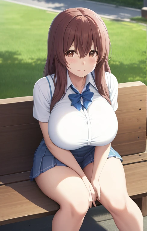 score_9, score_8_up, score_7_up, source_anime,
shoukonishimiya, shouko nishimiya, long hair, brown hair, brown eyes, She is sitting on a park bench, wearing a short white dress, the skirt of the dress is quite short, her thick and sexy legs look arousing thanks to the short skirt, her dress hides a certain part of her breasts, her shoulders are open, her big and sexy breasts can be easily seen, her hair is pulled back towards her back, she has ice cream in one hand. There is, holding the stick by the stick, he quickly brings the blue long and thick melting ice cream towards his mouth and licks it with his tongue, a sexy and shy expression on his face, his body is sweating, he looks towards the ice cream, and with his other hand he cups one of her breasts. she is caressing, sweat is flowing on her big breasts, the weather is hot and sunny, the camera angle is from the front, the legs are sexy and thick, her breasts are prominent and huge