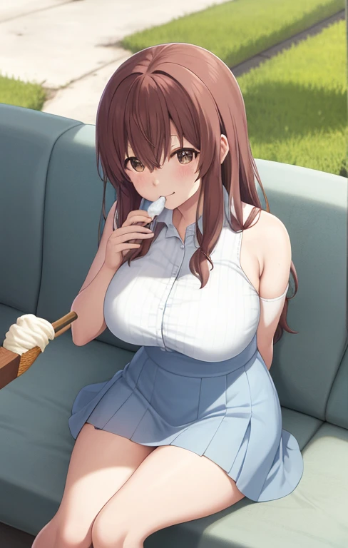 score_9, score_8_up, score_7_up, source_anime,
shoukonishimiya, shouko nishimiya, long hair, brown hair, brown eyes, She is sitting on a park bench, wearing a short white dress, the skirt of the dress is quite short, her thick and sexy legs look arousing thanks to the short skirt, her dress hides a certain part of her breasts, her shoulders are open, her big and sexy breasts can be easily seen, her hair is pulled back towards her back, she has ice cream in one hand. There is, holding the stick by the stick, he quickly brings the blue long and thick melting ice cream towards his mouth and licks it with his tongue, a sexy and shy expression on his face, his body is sweating, he looks towards the ice cream, and with his other hand he cups one of her breasts. she is caressing, sweat is flowing on her big breasts, the weather is hot and sunny, the camera angle is from the front, the legs are sexy and thick, her breasts are prominent and huge