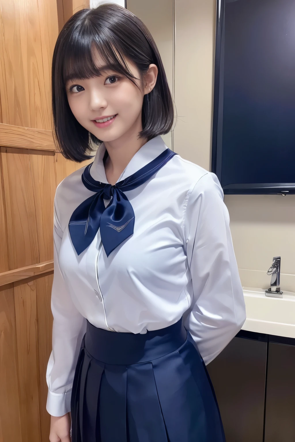 ( best quality, masterpiece:1.2),  best quality, Realistic,   photos with no restrictions,  high definition , 1080P, 8k,  physical rendering, ((: 158cm)),   Japanese girl、((((((Japanese idols staring straight at viewers )))))), (((Very detailed and beautiful dark brown eyes ))), ((((Laugh at me!)))), detailed fingers, (((Short, curly bangs))), ((((Very noble and pretty eyes,  carefully drawn with great attention to detail )))), (( double eyelid)), ((( has long eyelashes))), ((Cute adorable smiling cheeks)), ((Pure white light hits my nose and cheeks. Her eyes and white skin shine beautifully white .)), ((((( her facial features are very expressive and she has a lovely smile, so sweet, Very very clever))))), ((((Impressive Solid Navy Blue Large Student Bow Tie Solid )))), ((((Very beautiful black bob hair)))), ( navy blue plain formal long pleated skirt), (((formal dark blue blazer with navy blue solid buttons ))), ((As elegant as a noble princess)),((( navy blue plain large student ribbon tie))), ((( white blouse))), (((Full body image standing ))), ((( black pantyhose))), ((( black loafers))), (((Oxidized silver high school badge on jacket collar))), ((( navy blue plain large student ribbon tie))),  ((( navy blue plain formal long box skirt)))