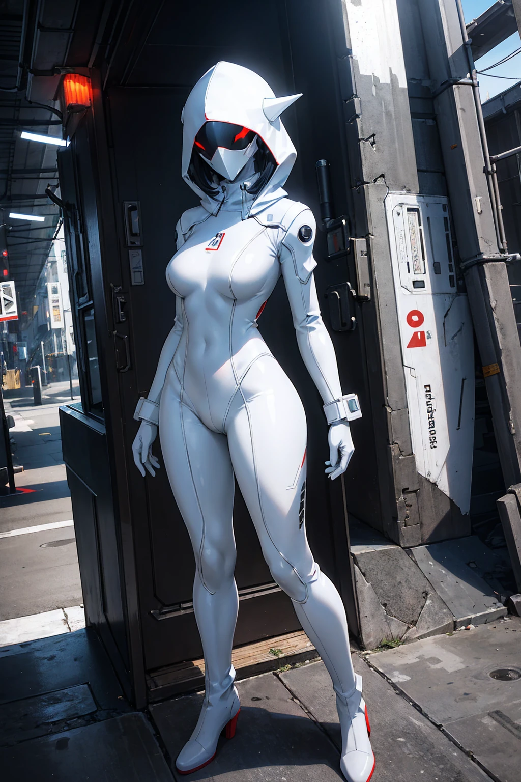 1 girl, white hood, white latex suit, latex body suit, mech armor, white boots, masked face, women, slender body, cyberpunk, neon city