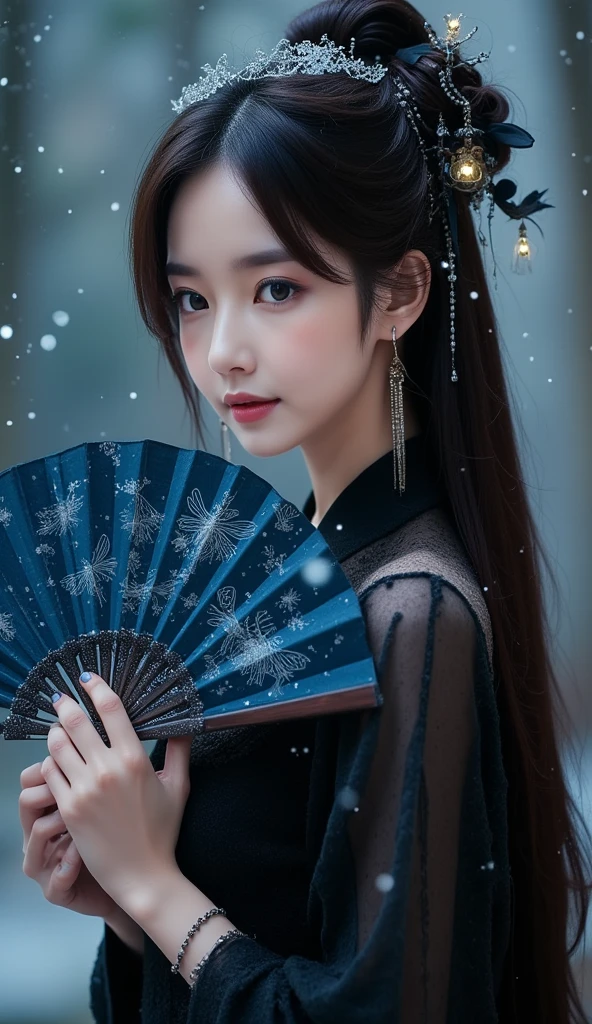 Elegant and mysterious East-Asian woman, holding a dark blue fan with intricate dragonfly patterns, wearing a black outfit with delicate details, adorned with a dark ribbon and intricate hair accessories with dangling beads, deep blue eyes gazing softly, long wavy black hair, dramatic and ethereal lighting, soft snow-like particles falling around, enchanting and quiet atmosphere, fantasy-inspired setting, ultra-detailed textures, glowing accents, elegant pose, photorealistic and in style of magical realism.