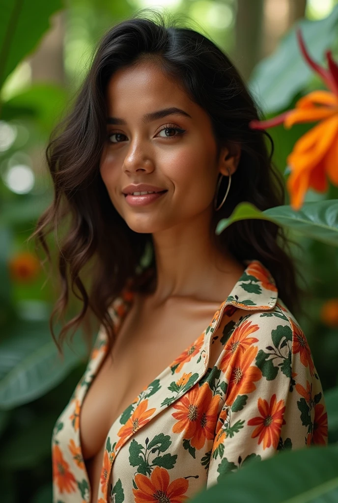 A Brazilian woman in a lush tropical garden, wearing an open shirt with a floral print, with a close-up capturing the harmonious beauty between her breasts and the natural flowers, showing off your natural charm and outgoing personality.