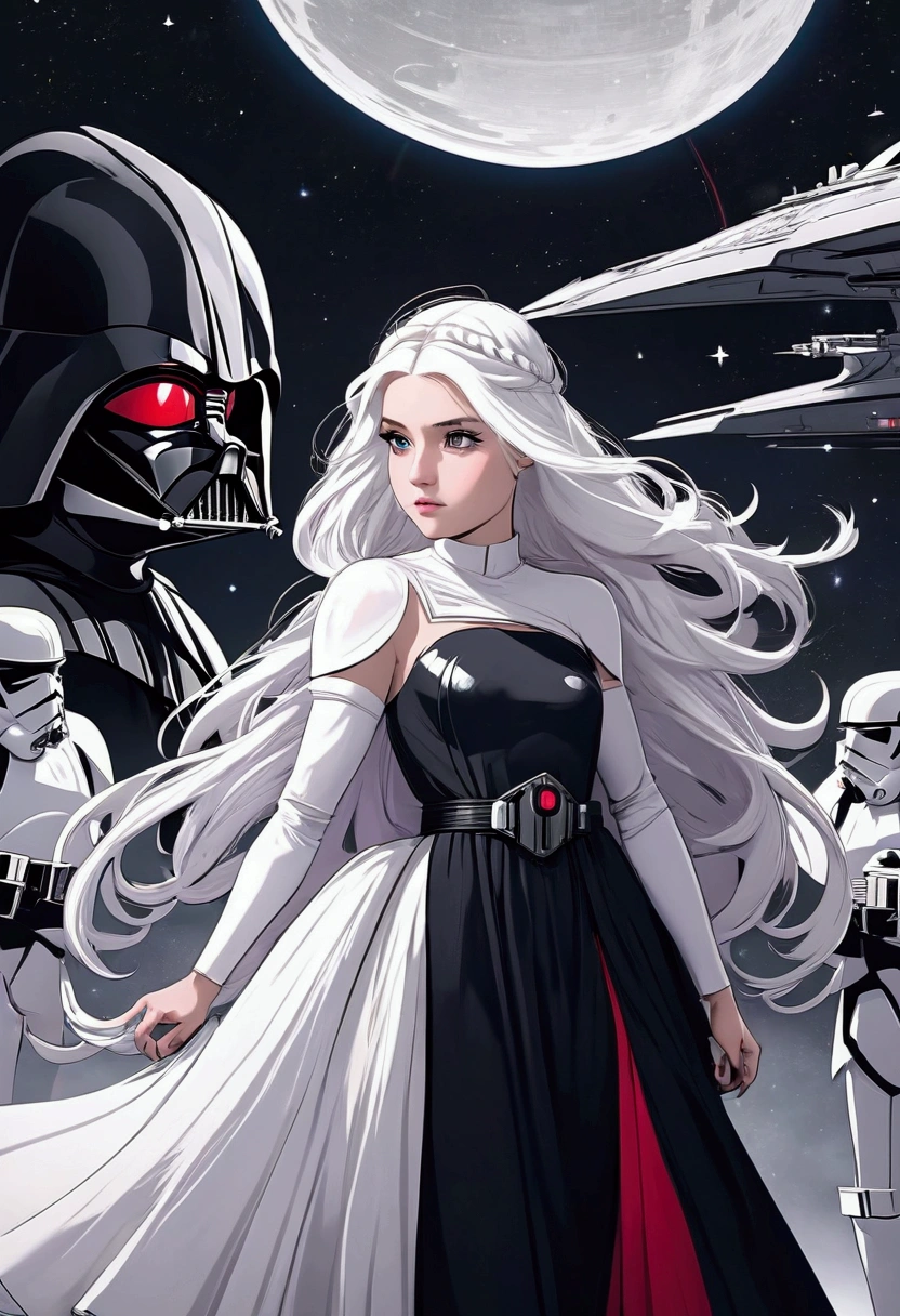 Girl with white long hair a dress that looks princess like but also fightable in the dress is more like a black red. She loves star wars, it is one girl and she is in the death star next to darth vader 