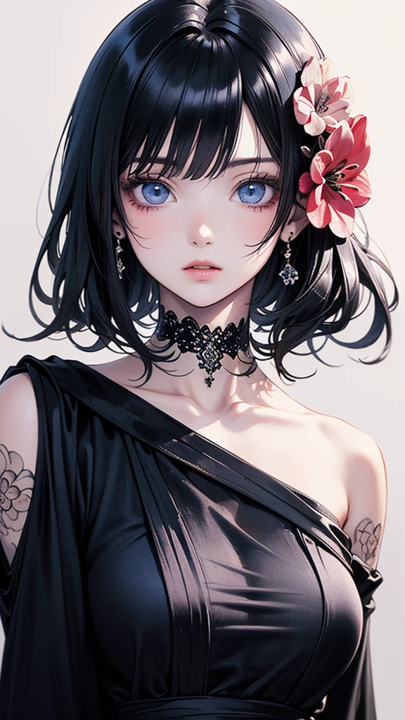 Top view, Woman with asymmetrical short hair, Gothic Lolita Fashion, A dynamic pose, Collage with flowers, Abstract background, Anime Style, Simple lines, Digital Painting, (masterpiece, High resolution, Highest quality)