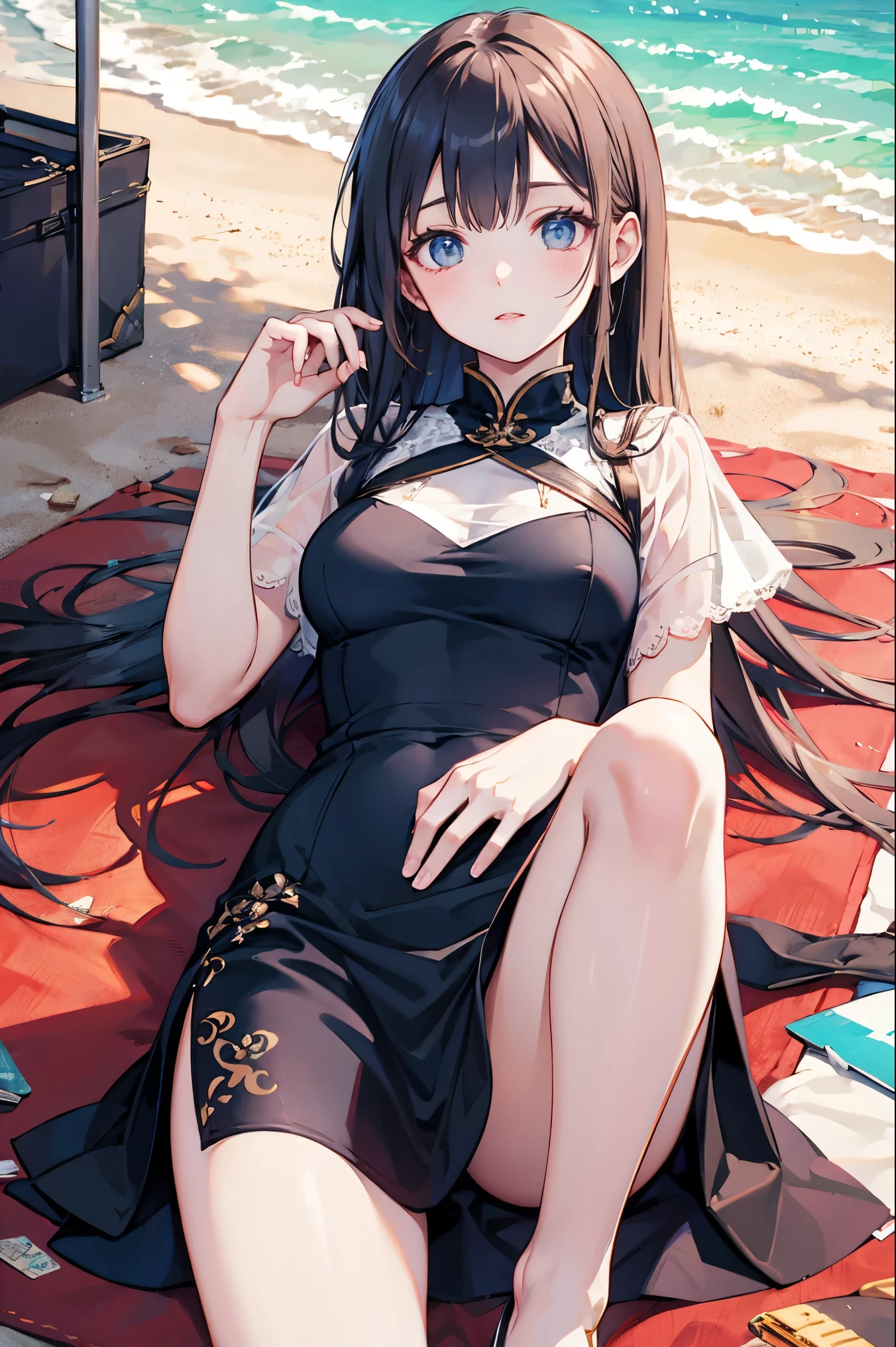  Ultra Realistic 8K , CG,  flawless,  cute expression ,  intricate details , 18 year old girl wears chiffon cheongsam,  best quality,  realistic photo of lying on the beach