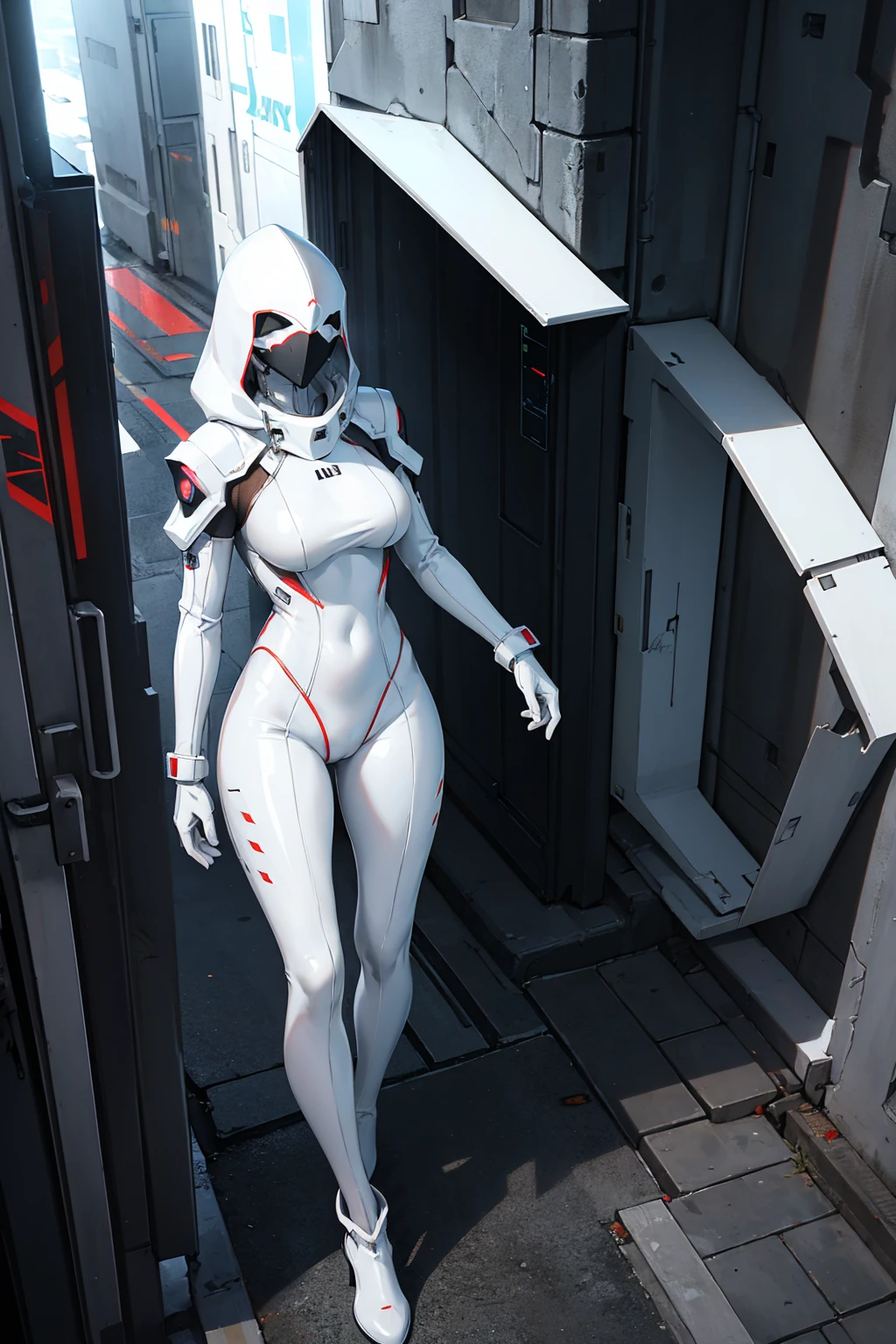 1 girl, white hood, white latex suit, latex body suit, mech armor, white boots, masked face, women, slender body, cyberpunk, neon city