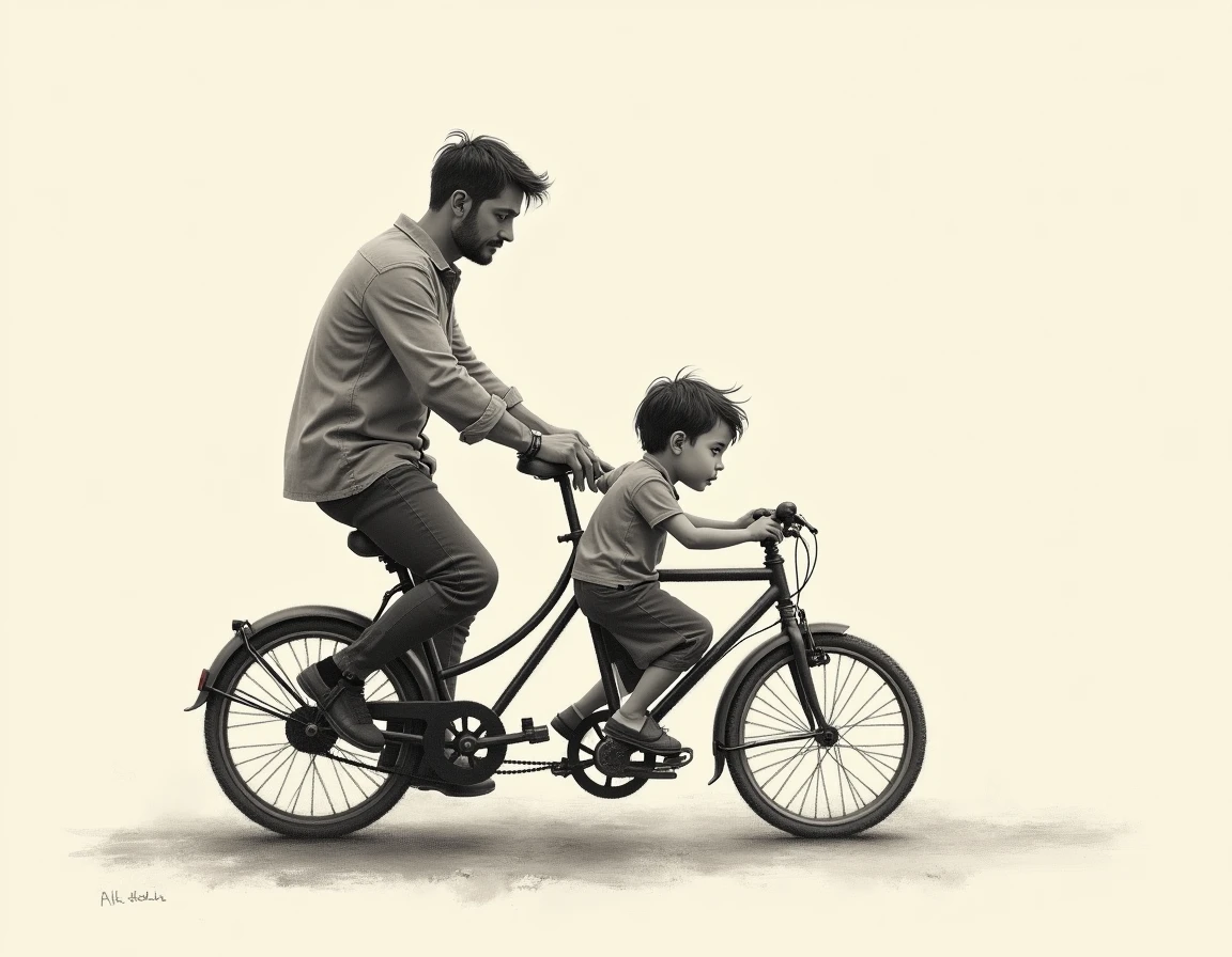 A father teaching his child to ride a bike, illustrated in charcoal with soft shading. The monochrome tones focus attention on the trust and movement in the scene