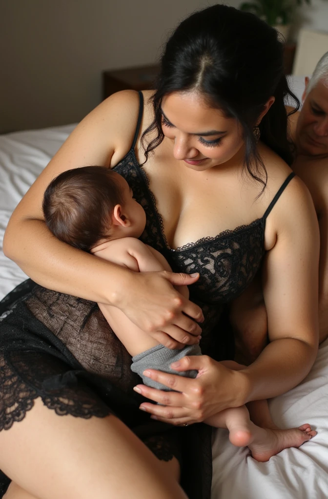 A long shot photo of a Tamil woman with large breasts, a bit plump and dark skin, wearing a black transparent nightie with small gold anklets on her legs, lying on a bed breastfeeding a small baby. Her elderly husband is sleeping next to her, wearing only a sheet.