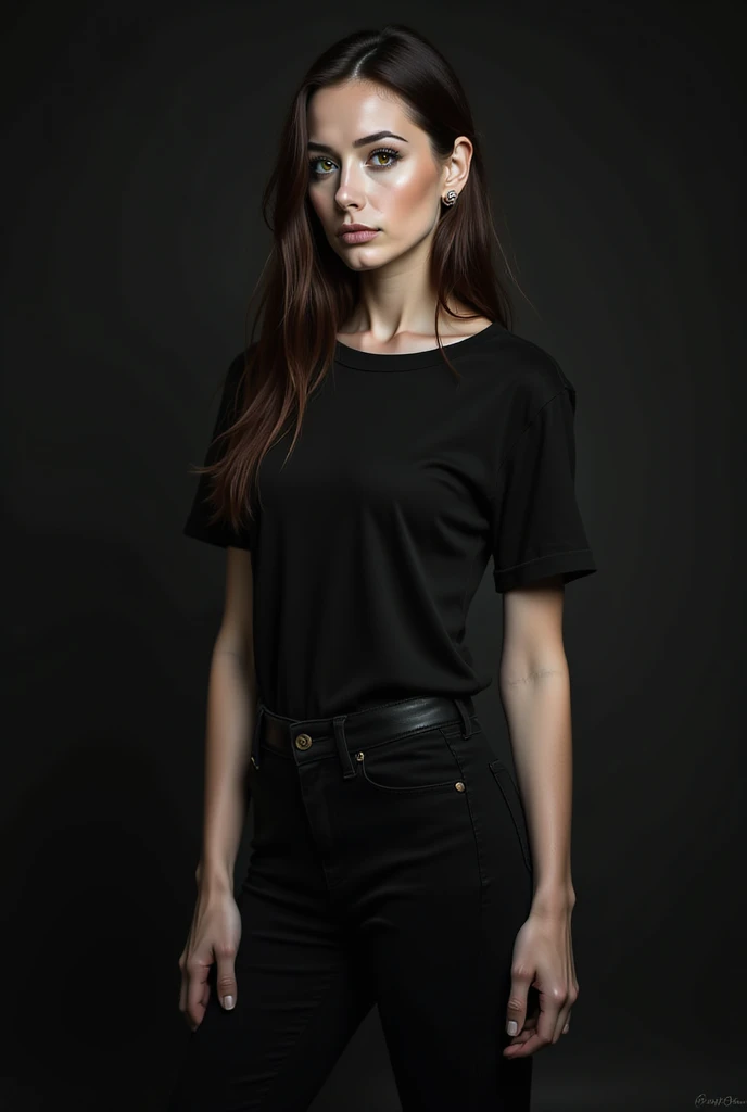 RAW photo of a slim, sharp girl wearing (t-shirt) and (tight black pants), dark makeup, (asymmetrical longred hair with side cut), ultra wide shot, hyper detailed, (uncanny: 1.1 ), (majestic: 1.2), (fascinating: 1.2), expressions evoking a feeling of fashion and fashion magazine, very detailed character, dramatic, centered, cinematic atmosphere, (black: 0.9), (intricate detail, hyperdetail: 1.15), harsh light and shadow, (material: 1.2), (horror: 1.25), directed by Shane Mcmellen, photo taken with ektachrome, distorted portrait, dark, moody gothic tones, muted colors, cinematic lighting, Instax film, 8k, raw photo, (film grain: 1.0), (floating dust particles: 1.2), 24mm, focused, edge light, in the dark, dimly lit, low key, deep shadow