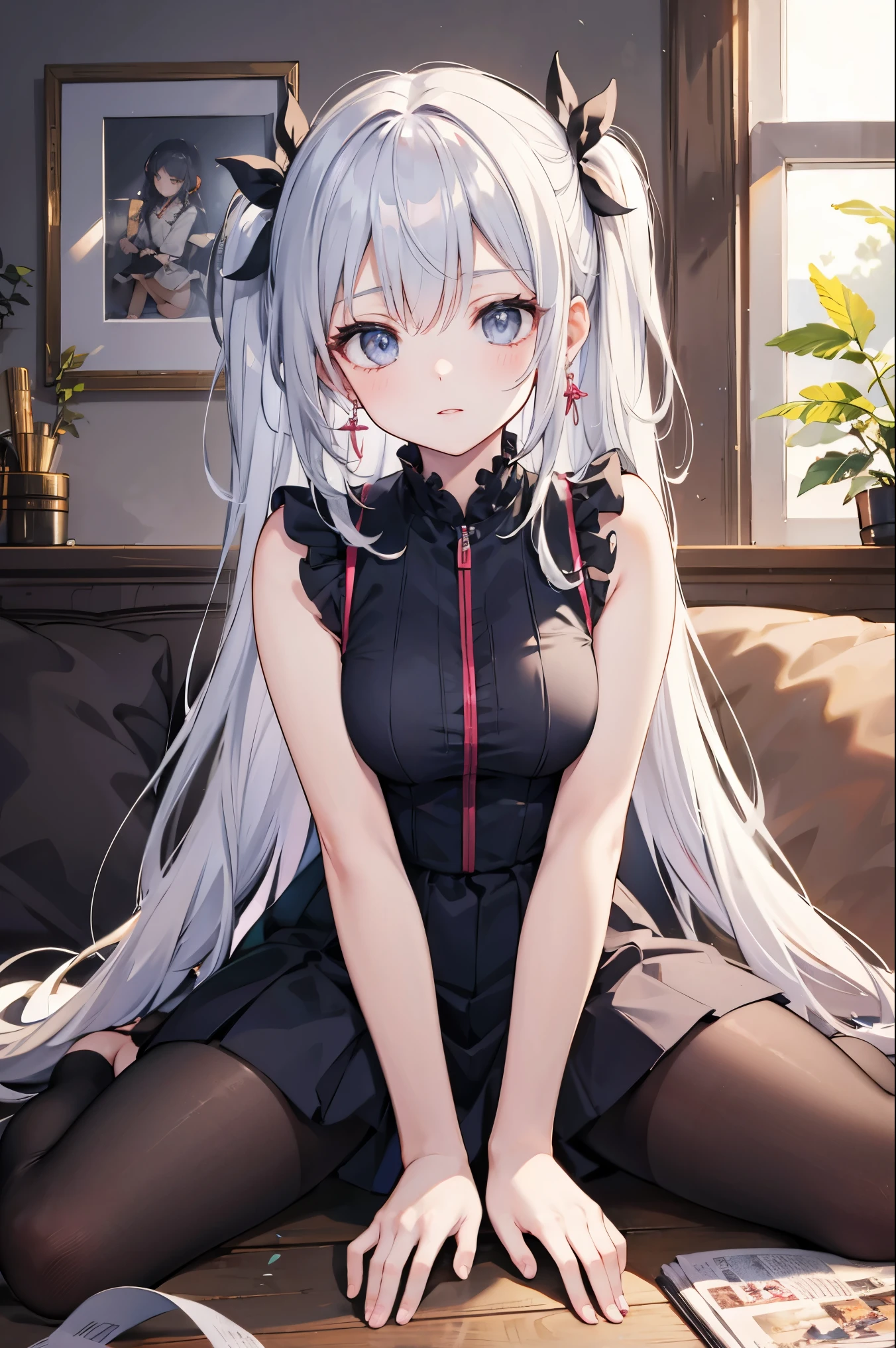 (Masterpiece), best quality, expressive eyes, perfect face, 1 girl, beautiful, gorgeous, anime, girl, lore, ph bronya, 1 girls, solo, earrings, long hair, gray hair, drill hair, gray eyes, pantyhose, w sitting, w sitting on the ground, legs on the ground, hands between thighs, arms between legs, arms between legs, hands between legs, hands between legs