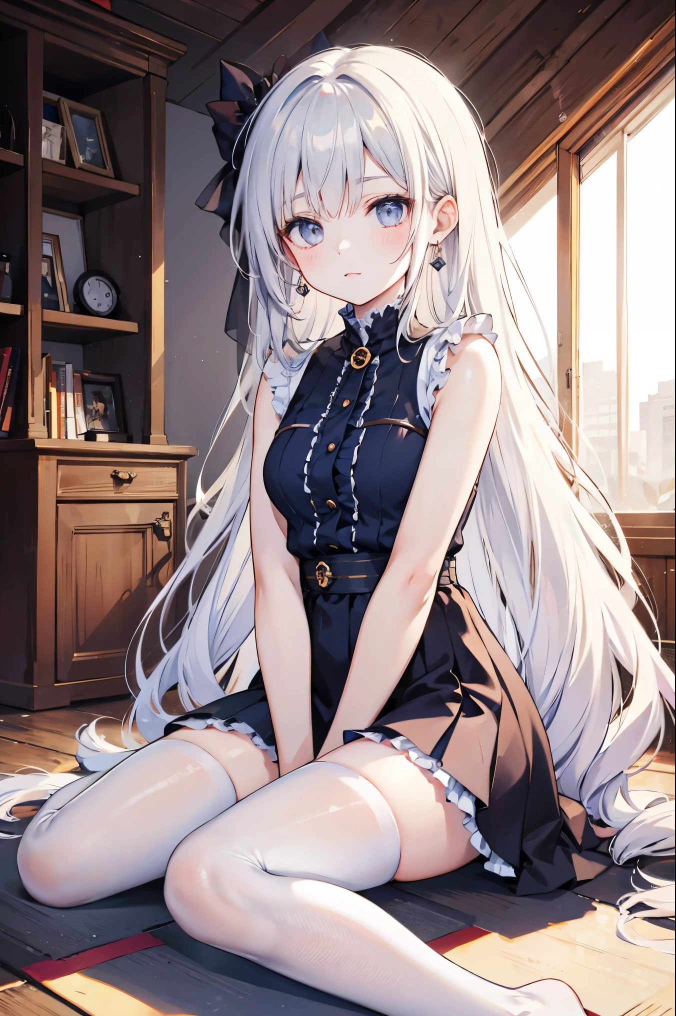 (Masterpiece), best quality, expressive eyes, perfect face, 1 girl, beautiful, gorgeous, anime, girl, lore, ph bronya, 1 girls, solo, earrings, long hair, gray hair, drill hair, gray eyes, pantyhose, w sitting, w sitting on the ground, legs on the ground, hands between thighs, arms between legs, arms between legs, hands between legs, hands between legs