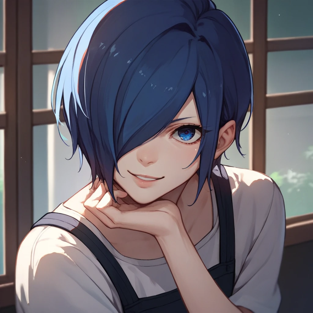 source_anime, solo, 1girl, kirishima touka, seductive smile, looking at viewer, blue hair, hair over one eye, blue eyes