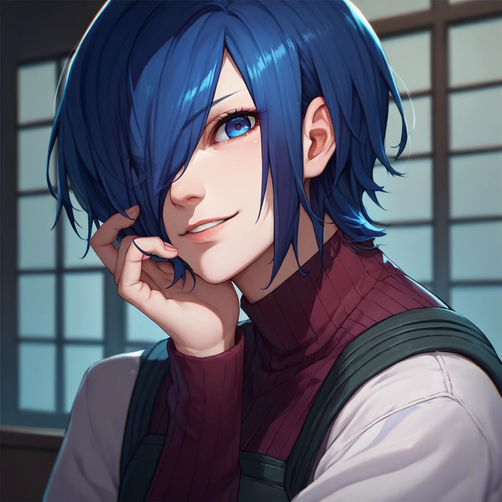 source_anime, solo, 1girl, kirishima touka, seductive smile, looking at viewer, blue hair, hair over one eye, blue eyes