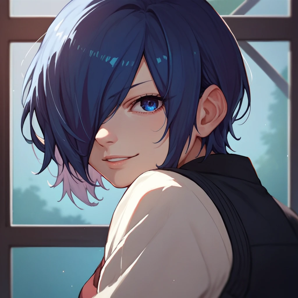 source_anime, solo, 1girl, kirishima touka, seductive smile, looking at viewer, blue hair, hair over one eye, blue eyes