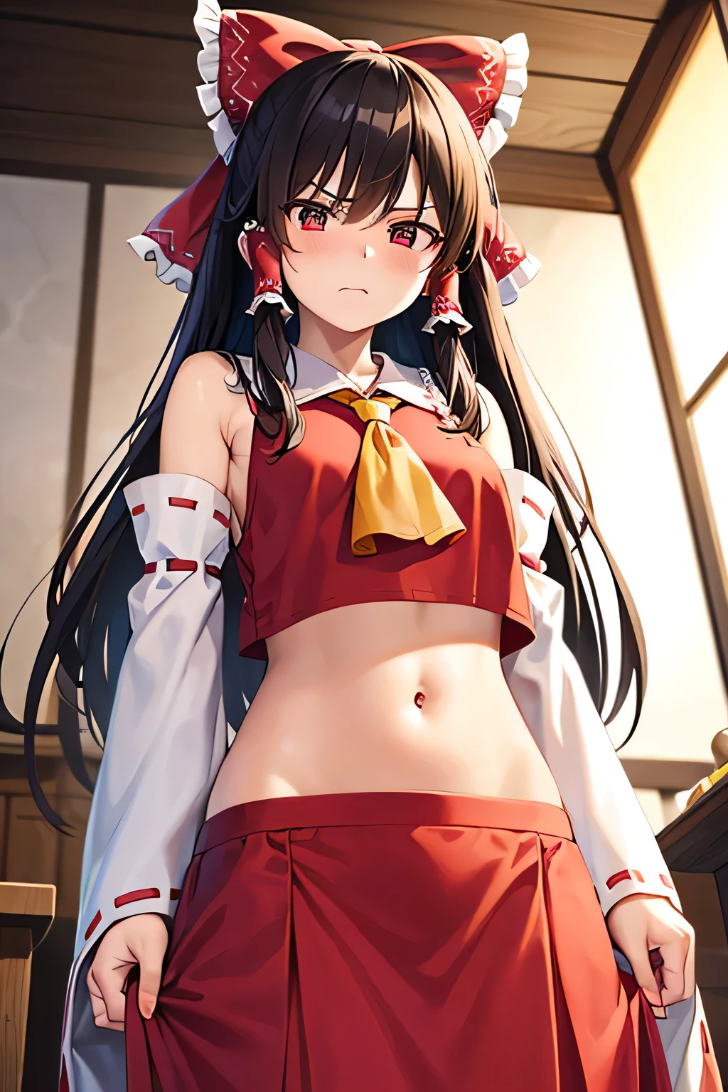 super fine illustration, vibrant colors, masterpiece, sharp focus, best quality, depth of field, cinematic lighting, ultra detailed, blush, annoyed, belly button, navel , tummy, shrine maiden, hakurei reimu, 1girl, hair bow, ascot, hair tubes, detached sleeves, looking down, red shirt, red skirt, very long hair, very messy hair, dark brown hair, indoors, mature woman, ,hakurei reimu, 1girl, hair bow, ascot, hair tubes, miko, detached sleeves,Reimu Hakurei, half shirt, long skirt, choker, 