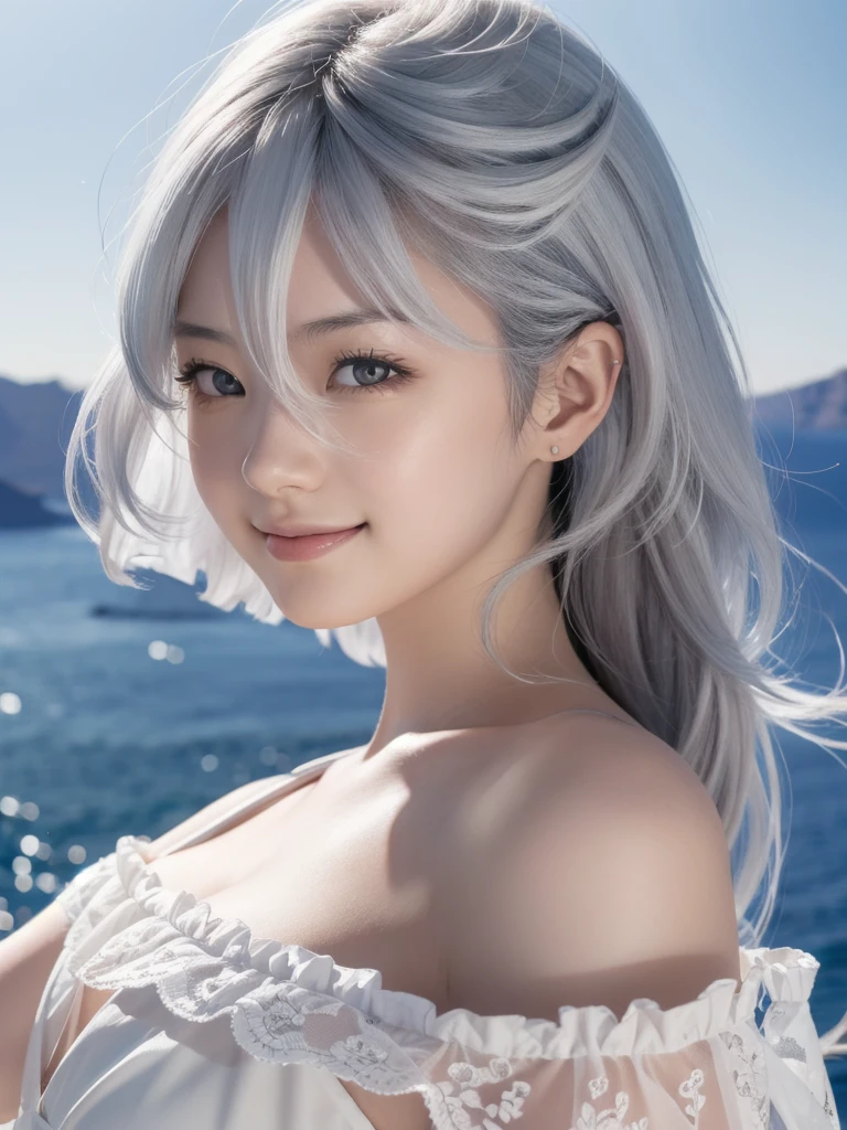 white hair, red eyes, laughing, water, seaside, beach, sunny girl