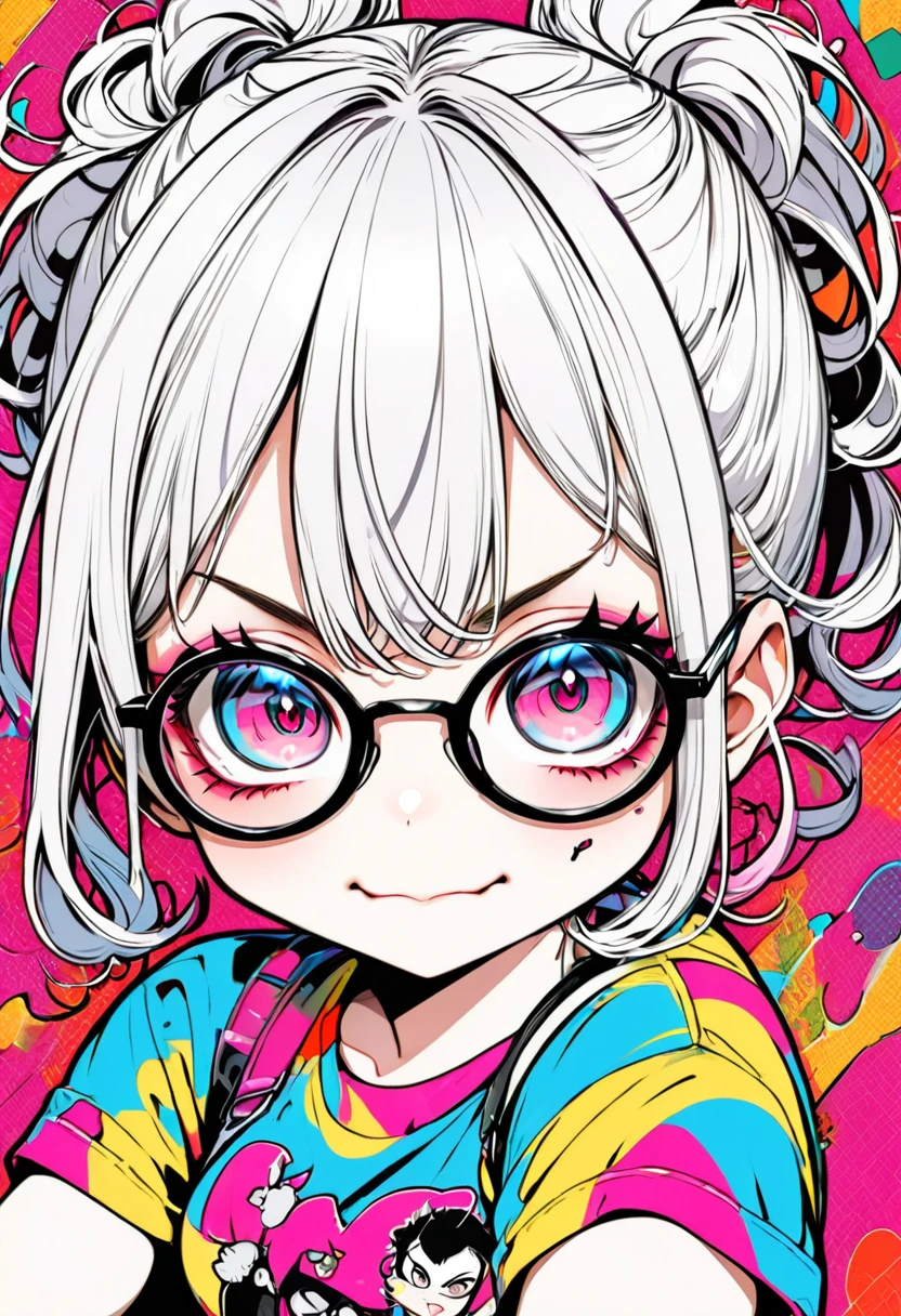 chibi, girl, naughty, cute, long thick eyelashes, thick, short, round eyebrows, round glasses, captivating large eyes, messy hair, smug face, evil smile, thumbs up, casual fashion, background one of a kind pop art, BREAK masterpiece, best quality, very aesthetic, absurdres, newest and recent, very aesthetic